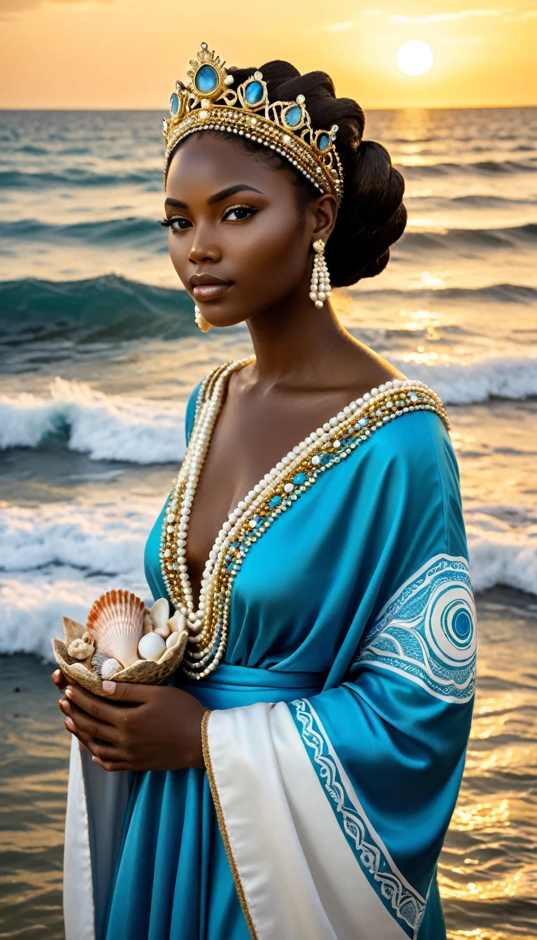 "A serene and majestic depiction of Iemanjá, the Yoruba orixá of the sea and mother of all orixás. She is portrayed as a beautiful and regal African woman, adorned in flowing blue and white , symbolizing the ocean waves. Iemanjá is surrounded by the sea, with gentle waves lapping at her feet, and a crown of pearls and seashells adorning her head. The background features a tranquil ocean scene with a setting sun casting a golden glow on the water, highlighting her nurturing and protective nature. The scene is peaceful and radiant, reflecting her role as the mother and protector of life."