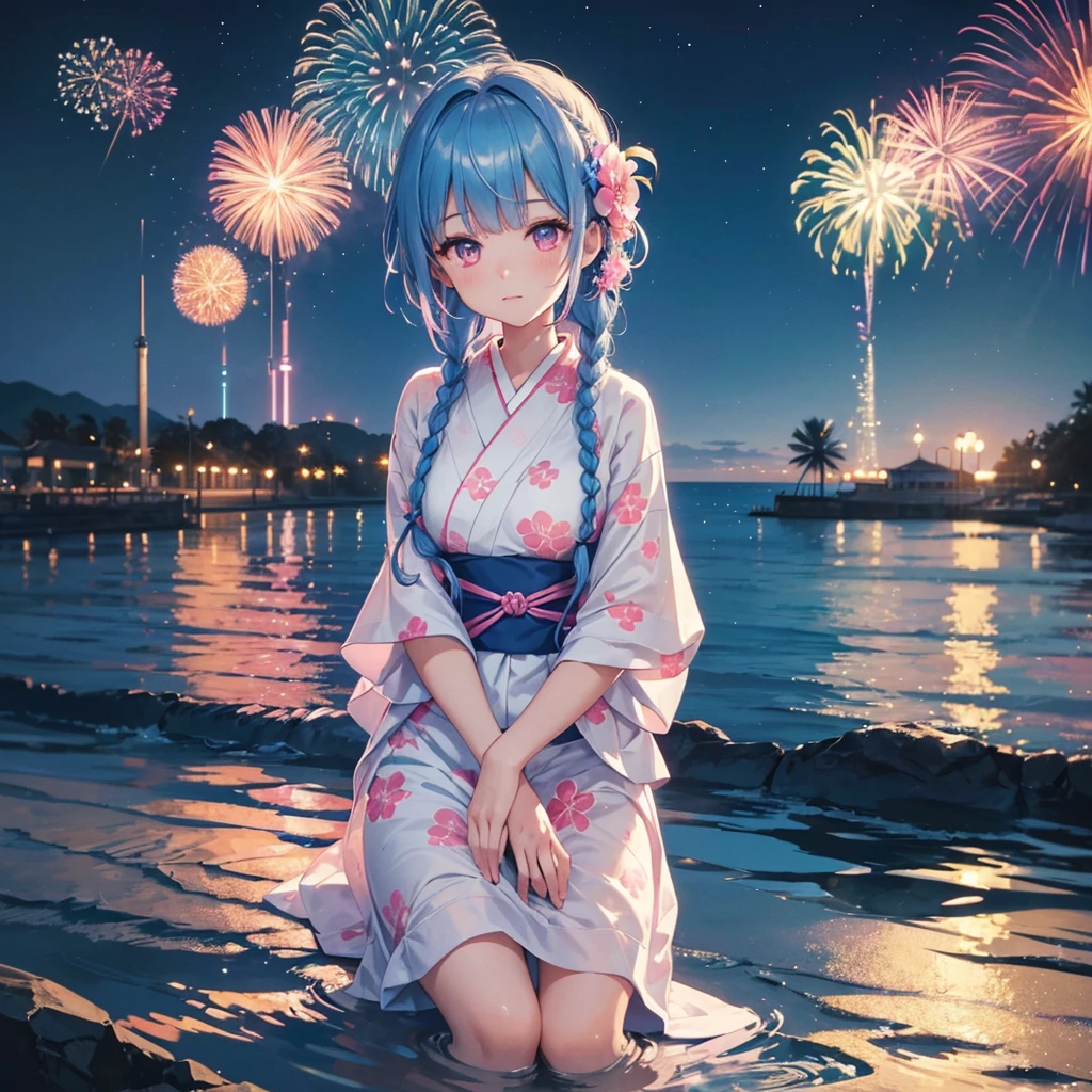 (Sky Blue Medium Hair:1.2), (Braided Hair),(Pink Eyes),Fair skin ,(whole body),(1 girl)、Floral Yukata、summer night、Extra-large fireworks filling the night sky、Huge fireworks launched from the sea、Watching the fireworks while sitting next to each other、Straight bangs,(masterpiece, Highest quality, Very detailed, Best Shadow), (Detailed Background), (Beautifully detailed face), High Contrast, (Best lighting, Very delicate and beautiful), ((Cinematic Light)), colorful, Hyper Detail 8k, Dramatic Light, Intricate details,Fireworks reflected on the water surface、