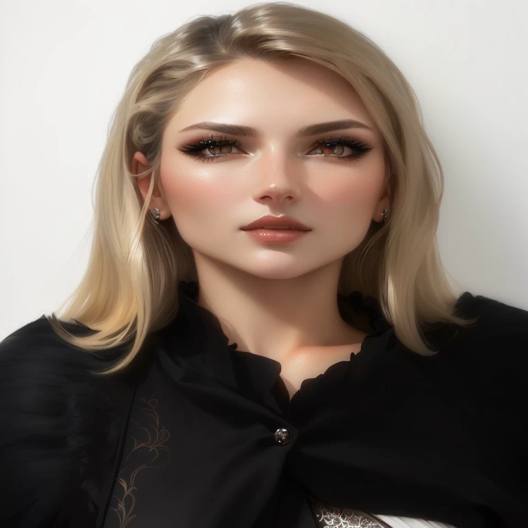 a beautiful woman, extremely detailed face, beautiful detailed eyes, beautiful detailed lips, delicate facial features, long eyelashes, elegant expression, standing in front of a white background, wearing black dress, large chest