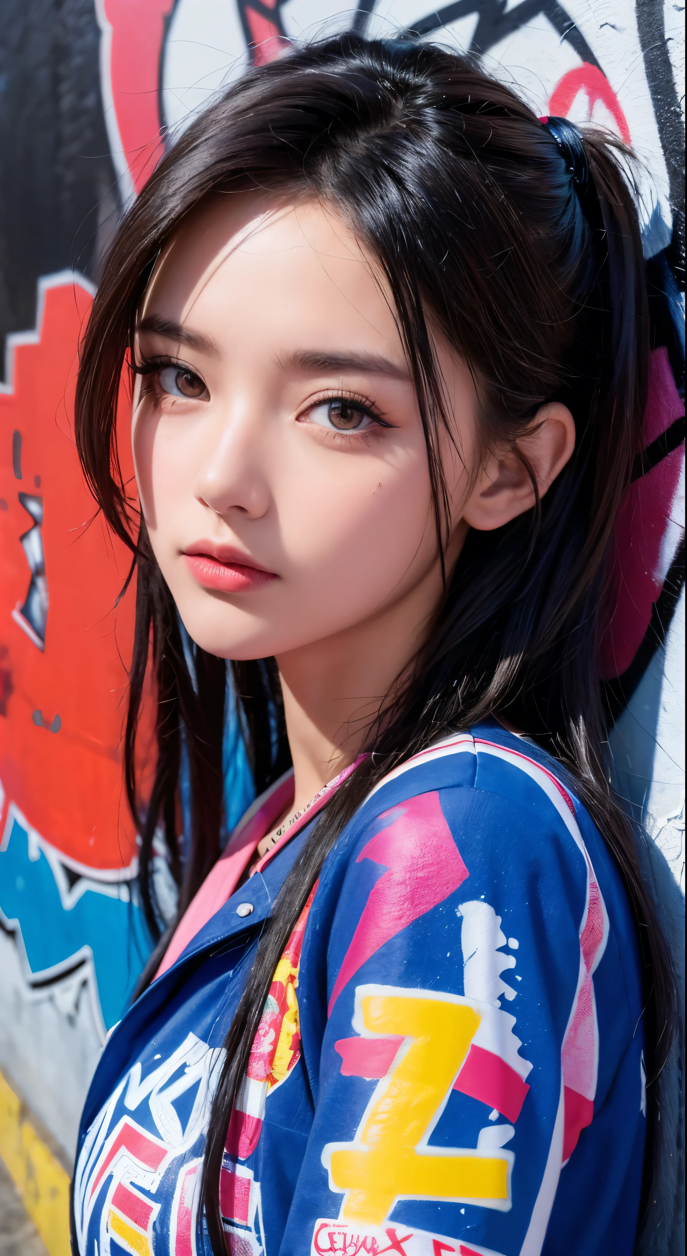 (best quality), masterpiece, extremely detailed CG uniform 8K illustration, high color, extremely high color saturation, all colors deepened, paint, graffiti art, center composition, extremely detailed light and shadow, graffiti wall, wall painted bright, 1 girl graffiti 1 girl looking at the wall, extremely detailed face and eyes, medium length hair, sportswear, colored clouds