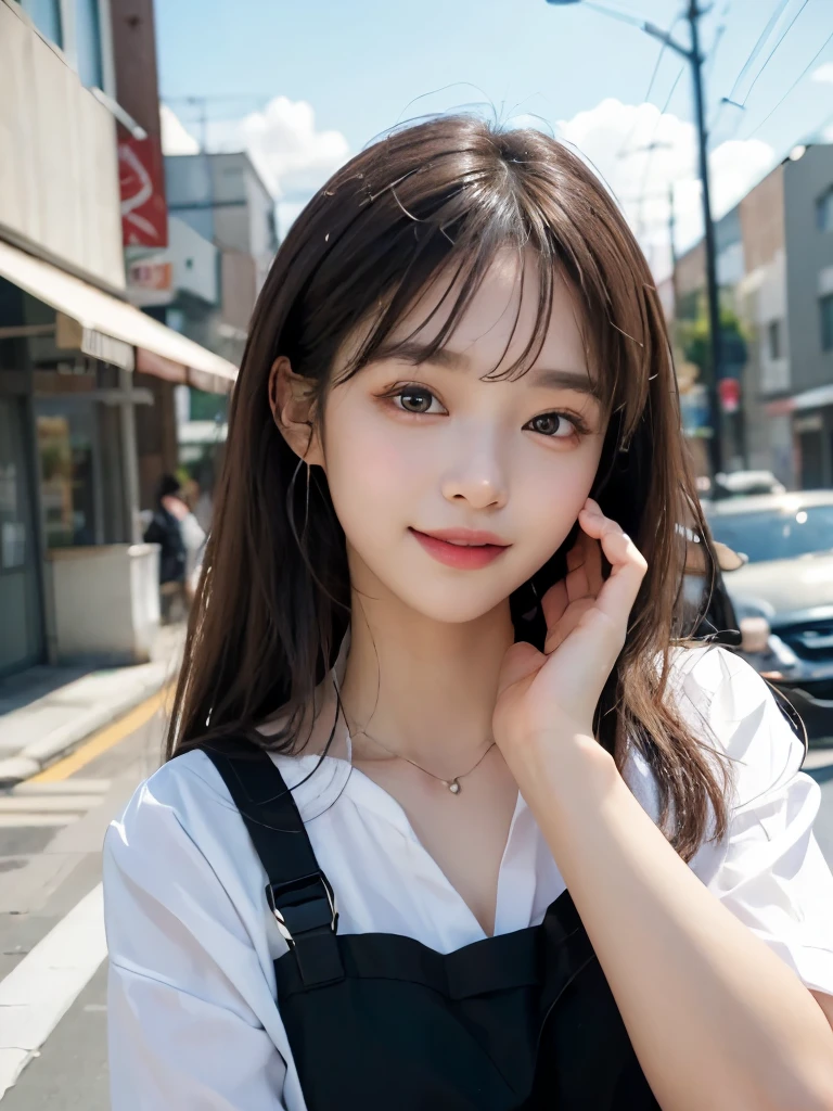 ((masterpiece: 1.3),8k, Realistic, RAW Photos, Highest quality: 1.4),whole body、 (One Girl)、 beautiful顔, (Realistic Face), (Brown long hair: 1.3), bangs, Perfect dynamic composition,(High quality with attention to detail, Realistic depiction of eyes:1.3)、(((Random cute summer clothes、In the city、Model pose)))、 The whole thing faces forward、21talent、beauty、Well-formed face、Even out the eyes、Banditium Build、Balanced ratio、beautiful足、Fresh face、beautiful景色、beautifulヘアスタイル, (bangs), (smile), smile, Realistic eyes, Gloss, highlight, highlight in the Eyes, eyelash, 目の中のbeautifulディテール, (Realistic Skin), Shooting from the air、beautiful肌, Transparency、(beautiful)、 smile, teeth, Confused, charm, 超High resolution, Ultra-realistic, High resolution, Golden Ratio, clear eyes, Wet, Looking into the camera, ear, Shine, Long neck, double eyelid, Thin eyebrows、Big eyes, cheek, kind character, charm personality, kind, 圧倒的なcharm, bright personality