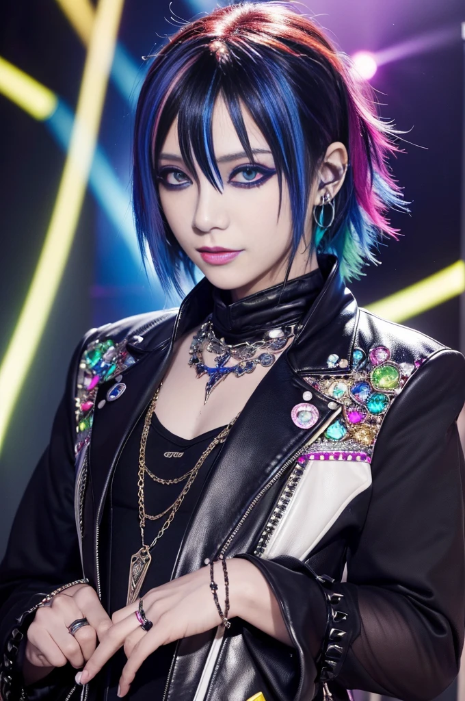 (masterpiece:1.4), (best quality:1.4), ultra high res, ultra high resolution, ((ultra detailed facial features)), HDR, (realistic, photorealistic, photo-realistic:1.37), full body Esbian, sexy Swedish male model, (-anime), vivid colors, ((vivid colors multicolor (Visual Kei style very short hair))), (big smile), ultra detailed heavy eye-makeup, bold lip-color, long lashes, defined eyebrows, wearing large dramatic Visual Kei jewelery, wearing a Visual Kei cosplay, ((vivid Visual Kei outfit)), layered clothing, look at the camera, cinematic light, rockstar festival stage background with multicolor lights, sweet and sexy pose