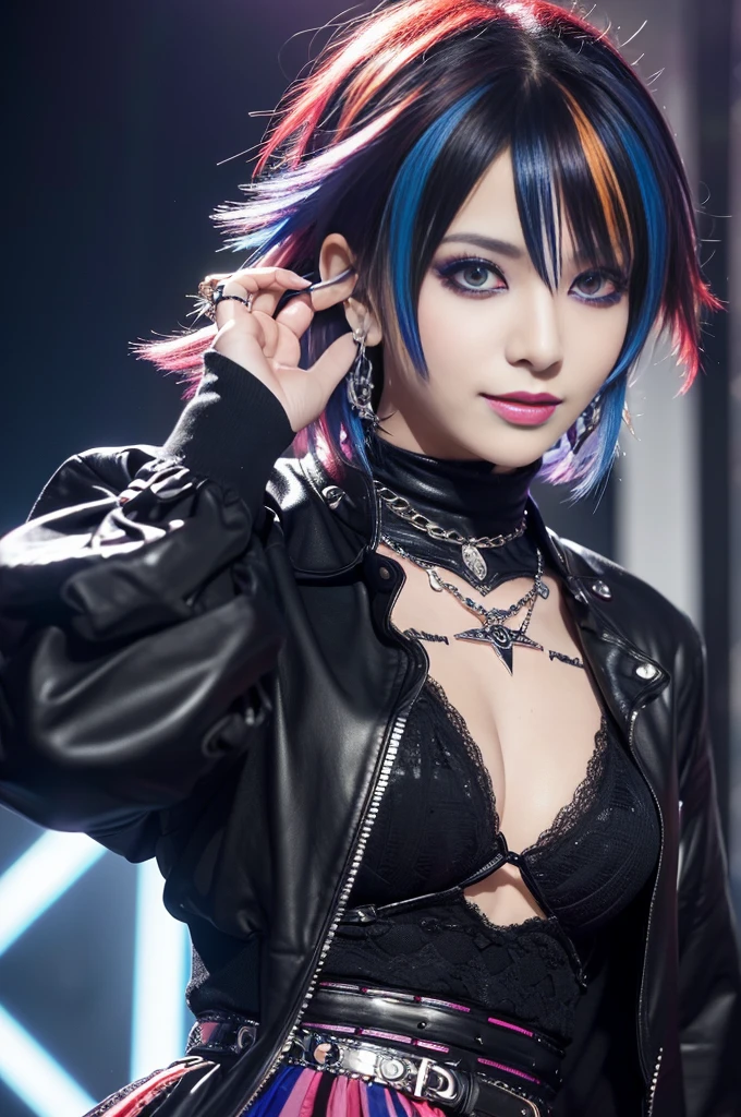 (masterpiece:1.4), (best quality:1.4), ultra high res, ultra high resolution, ((ultra detailed facial features)), HDR, (realistic, photorealistic, photo-realistic:1.37), full body Esbian, sexy Swedish male model, (-anime), vivid colors, ((vivid colors multicolor (Visual Kei style very short hair))), (big smile), ultra detailed heavy eye-makeup, bold lip-color, long lashes, defined eyebrows, wearing large dramatic Visual Kei jewelery, wearing a Visual Kei cosplay, ((vivid Visual Kei outfit)), layered clothing, look at the camera, cinematic light, rockstar festival stage background with multicolor lights, sweet and sexy pose