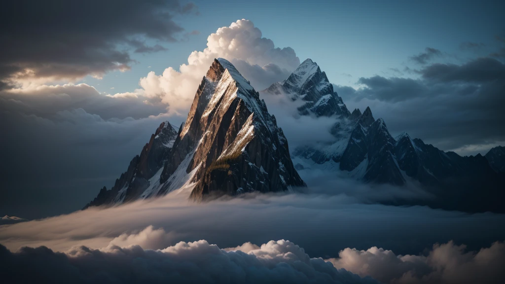 generate the image of mountains with clouds, and an illuminated entity in the background, clear images. with angels.
