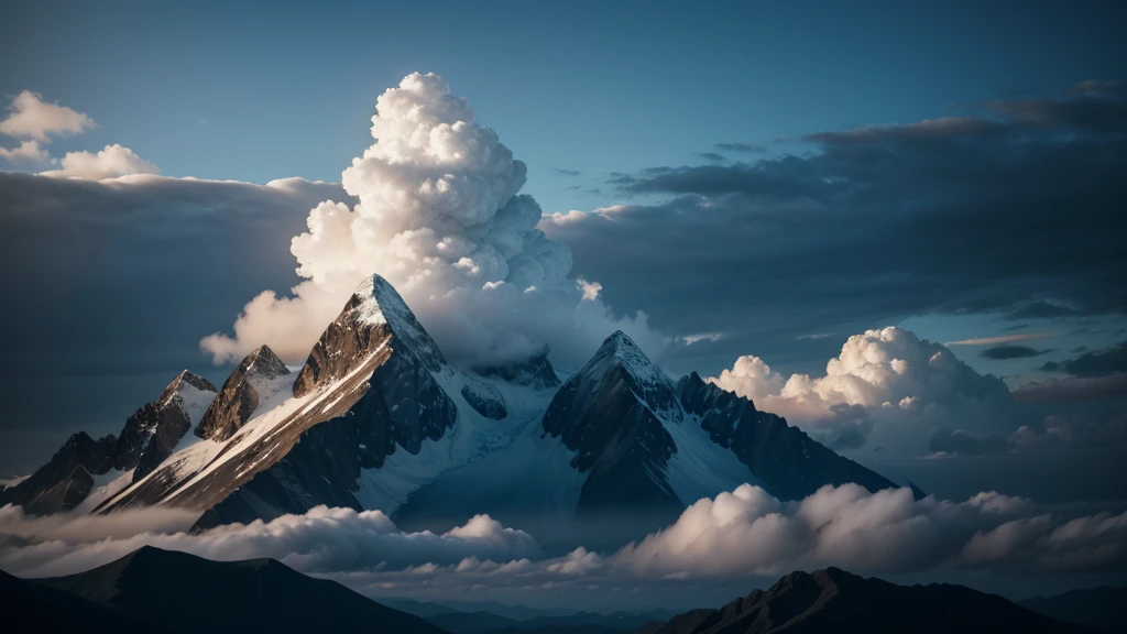 generate the image of mountains with clouds, and an illuminated entity in the background, clear images. with angels.