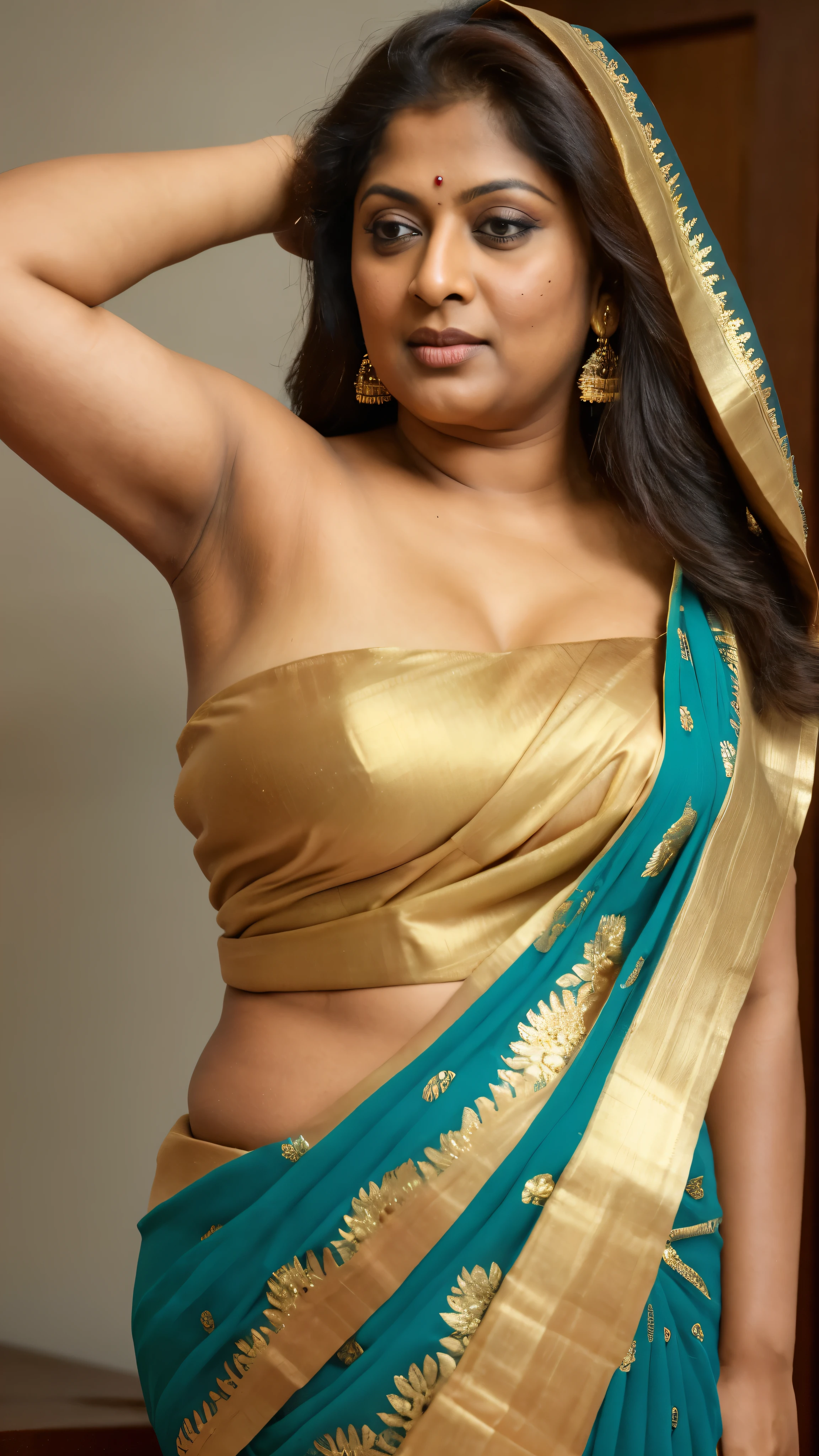 Foto RAW, photorealistic, photography, full body shot, 57 years old Woman, nadhiya moidu, hot nadhiya mommy, master shot, perfect eyes, goddess like beauty, nadhiya momma, nadhiya amma, pierced eyes, perfect thick chubby mallu Desi aunty bhabhi, Wearing a Stanapatta, a chest-band.Saree model, model Photography, Indian saree shoot, Indian traditional wear advertising photography, traditional wear brand shoot, face of indian chubby milf actress Nadhiya or Nadia Moidu or Nadiya moidu, masterpiece, realistic, realism, incredible details, pleasure, photorealism, detailed skin, skin pores, high contrast, photorealistic Artstation 8k HD digital art trend of high definition and detailed realistic skin texture, ultra detail, realistic skin texture, armature, best quality, ultra high definition, (photorealistic:1.4),, high resolution, detail, raw photo, sweat, Re sharp, by Lee Jefferies Nikon D850 Film Stock Photo 4 Kodak Portra 400 Camera F1.6 Lens Rich Color Ultra Real Realistic Realistic Textures Dramatic Lighting Unreal Engine Trending at Art Station Cinestill 800,(pele altamente detalhada: 1.2), 8k UHD, DSLR, soft-lighting, alta qualidade, grain of film, Fujifilm XT3,she didn't like to wear blouse or bra, she is happy to wear only saree, she hates blouse or bra, detailed hairy armpits, hyper realistic skin, skin pores, sweat, veins on the body, skin texture, freckles 0.2, RAW photo, astounding details, professional fashion photography, photographed by master photographer, insane skin texture details,