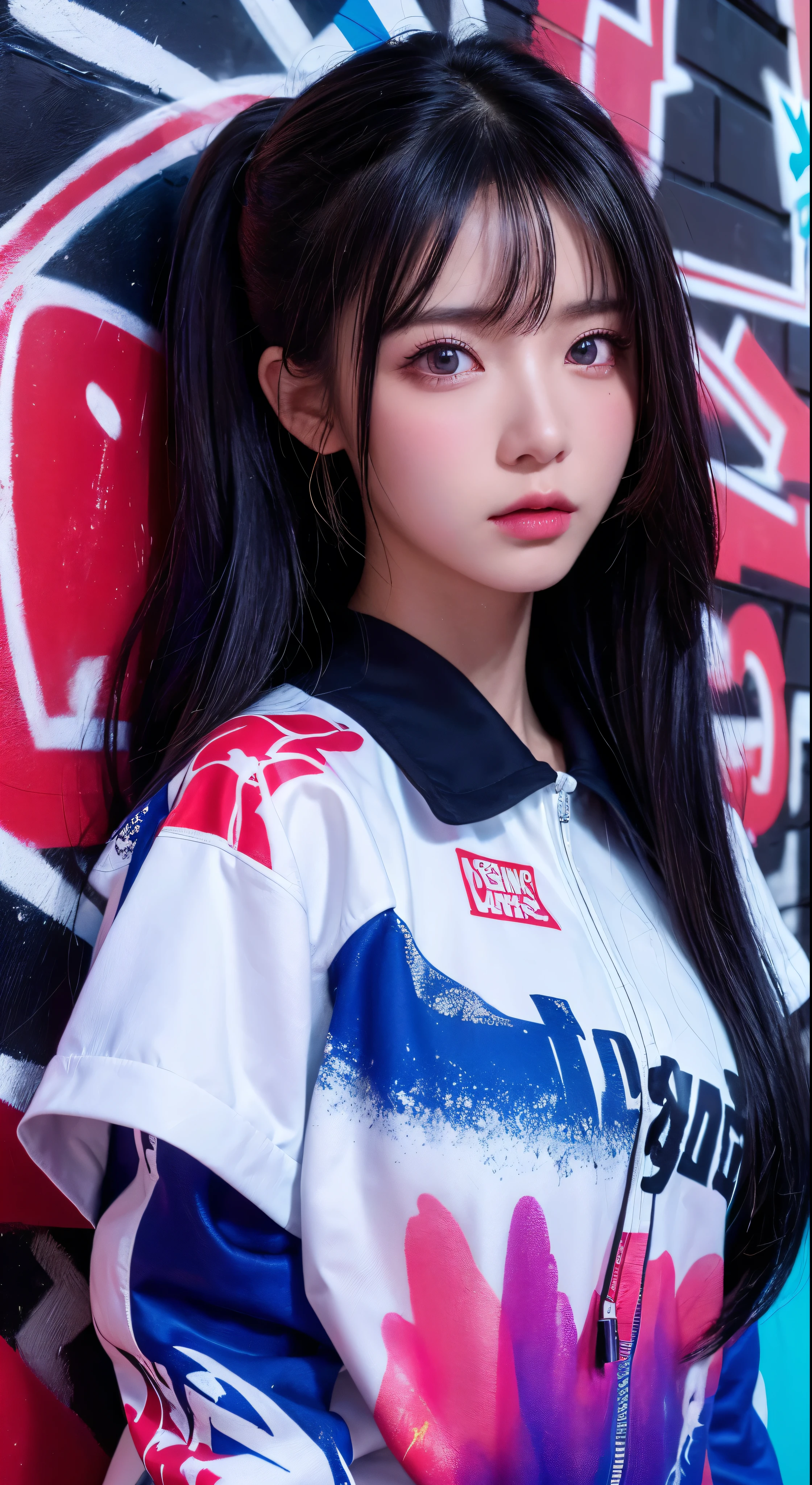(Highest quality)、masterpiece、Highly detailed CG uniform 8K illustration、High collar、Very high saturation、All the colors become deeper、paint、Graffiti art、Center Composition、Highly detailed lights and shadows、Graffiti wall、The walls were brightly painted、One girl looking at a wall graffiti One girl、Highly detailed face and eyeedium length hair、Sportswear、Colored Clouds