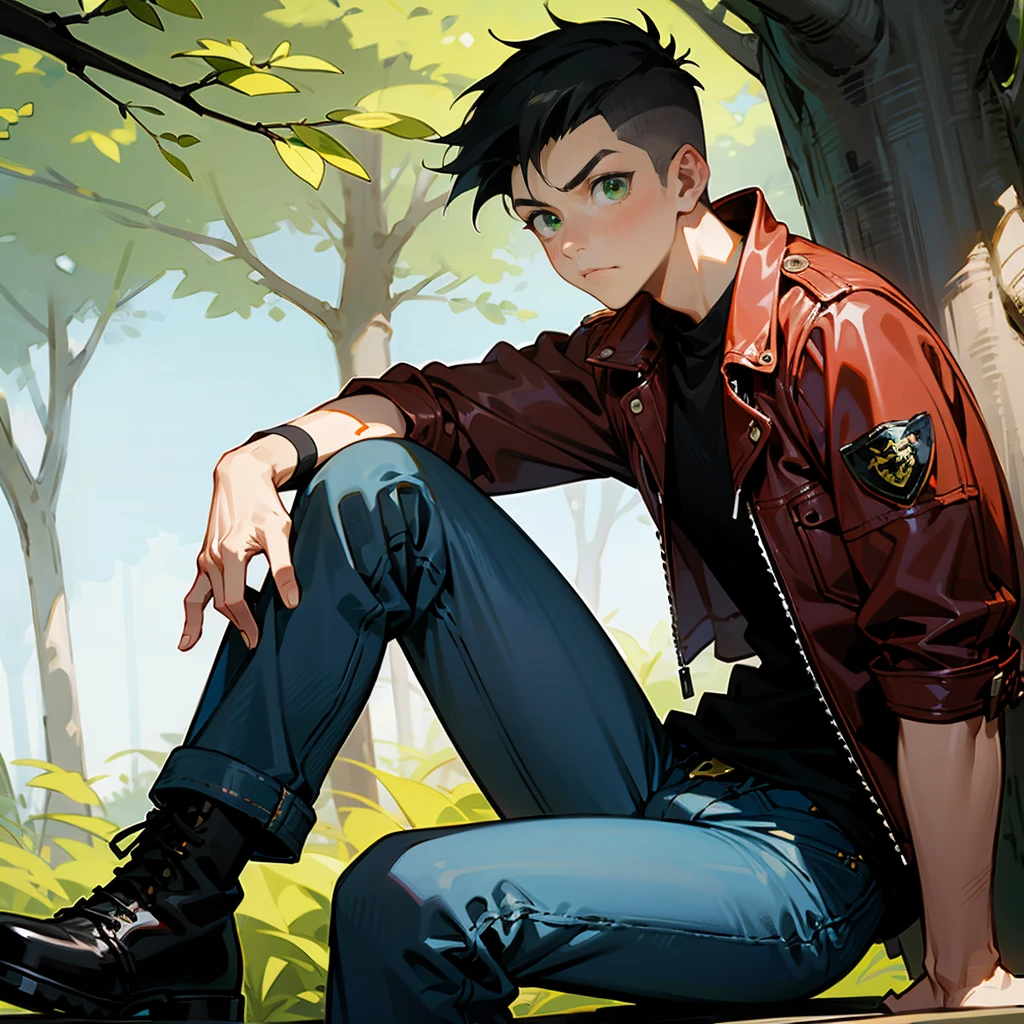 1male, Black Hair, Red Leather Jacket, Undercut Hair, Blue Jeans, Combat Boots, Green Eyes, Determined Expression, Lean, Regular Ranker, Young Male, Forest, Leaning against a Tree