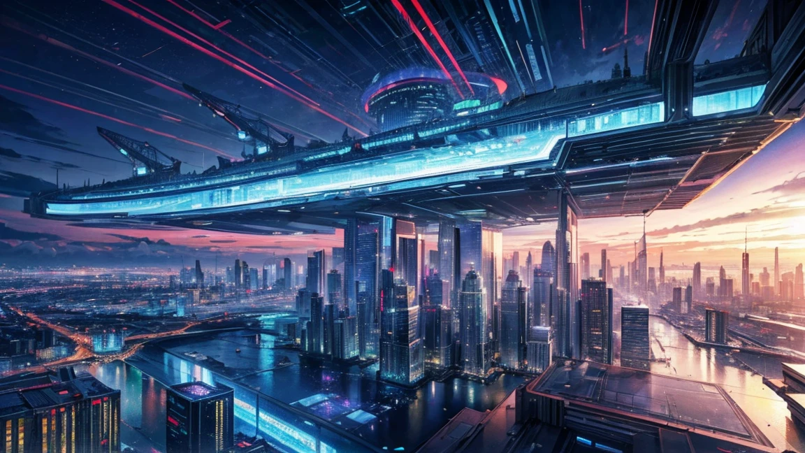 (Highest quality,4K,8k,High resolution,masterpiece:1.2),Very detailed,(Realistic,Realistic,Photorealistic:1.37),Futuristic floating city,Future Technology,Huge urban high-tech tablet platform,airship,Floating in the sky,Future City,小さなairshipが周囲に,High-tech hemispherical platform,Colorful lights,High-level architecture,Modern architecture,Skyscraper,Access the cloud,Beautiful views,City view,Impressive design,Seamlessly blending with nature,vibrant and lively atmosphere,Future Transportation Systems,No Parking,Transparent path,Lush greenery,Sky Garden,waterfall,Spectacular Skyline,Reflection on the surface of the water,Shining River,Architectural Innovation,Futuristic skyscrapers,Transparent Dome,The building has an unusual shape,Elevated walkway,Impressive Skyline,Glowing lights,Future Technology,minimalist design,Scenic spots,panoramic,tower that pierces the clouds,Vibrant colors,Spectacular sunrise,Spectacular sunset,Dazzling light display,Magical atmosphere,Future City,Urban Utopia,Luxury Lifestyle,Innovative Energy,Sustainable Development,Smart City Technology,Advanced Infrastructure,Quiet atmosphere,Nature and technology coexist in harmony,Great cityscape,Unprecedented urban planning,Architecture seamlessly connects with nature,High-tech city,A marvel of cutting-edge engineering,The future of urban living,A visionary architectural concept,Energy-efficient buildings,Harmony with the environment,A city floating above the clouds,Utopian dreams become reality,The possibilities are endless,Cutting-edge transportation network,Green Energy Integration,Innovative Materials,Impressive holographic display,Advanced Communication Systems,Breathtaking aerial views,Quiet and peaceful environment,Modernist aesthetics,Heavenly Beauty