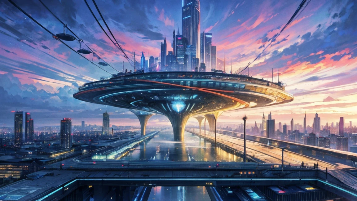 (Highest quality,4K,8k,High resolution,masterpiece:1.2),Very detailed,(Realistic,Realistic,Photorealistic:1.37),Futuristic floating city,Future Technology,Huge urban high-tech tablet platform,airship,Floating in the sky,Future City,小さなairshipが周囲に,High-tech hemispherical platform,Colorful lights,High-level architecture,Modern architecture,Skyscraper,Access the cloud,Beautiful views,City view,Impressive design,Seamlessly blending with nature,vibrant and lively atmosphere,Future Transportation Systems,No Parking,Transparent path,Lush greenery,Sky Garden,waterfall,Spectacular Skyline,Reflection on the surface of the water,Shining River,Architectural Innovation,Futuristic skyscrapers,Transparent Dome,The building has an unusual shape,Elevated walkway,Impressive Skyline,Glowing lights,Future Technology,minimalist design,Scenic spots,panoramic,tower that pierces the clouds,Vibrant colors,Spectacular sunrise,Spectacular sunset,Dazzling light display,Magical atmosphere,Future City,Urban Utopia,Luxury Lifestyle,Innovative Energy,Sustainable Development,Smart City Technology,Advanced Infrastructure,Quiet atmosphere,Nature and technology coexist in harmony,Great cityscape,Unprecedented urban planning,Architecture seamlessly connects with nature,High-tech city,A marvel of cutting-edge engineering,The future of urban living,A visionary architectural concept,Energy-efficient buildings,Harmony with the environment,A city floating above the clouds,Utopian dreams become reality,The possibilities are endless,Cutting-edge transportation network,Green Energy Integration,Innovative Materials,Impressive holographic display,Advanced Communication Systems,Breathtaking aerial views,Quiet and peaceful environment,Modernist aesthetics,Heavenly Beauty
