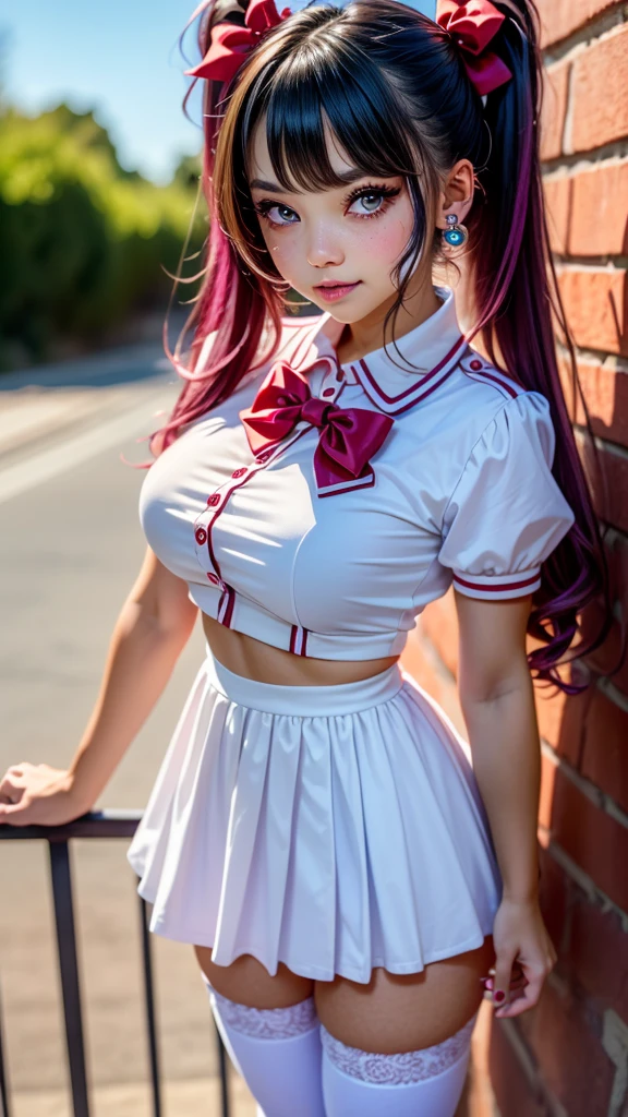 absurdres, highres, ultra detailed, smile,open mouth,standing, looking at viewer,tracen , summer uniform, serafuku, puffy short sleeves, bowtie, horseshoe ornament, sailor collar, sailor shirt, frills, white skirt, purple shirt, miniskirt, zettai ryouiki, white thighhighs, brown footwear, shoes,viblos \(umamusume\),twintails, brown hair, long hair, hat,large breasts, purple eyes, multicolored hair, ear ornament, hair ribbon,
