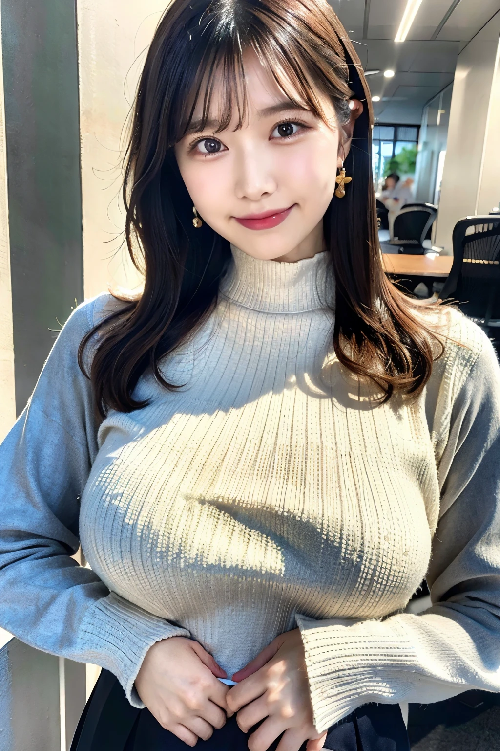 office lady,whole body, Are standing,Please lift your skirt,Hair loss, Knitted dress, turtleneck, Highest quality,  Very detailed, finely, High resolution, 8k wallpaper, Perfect dynamic composition, finelyて美しい目,  Natural Lip, (Large saggy breasts:1.3), smile,