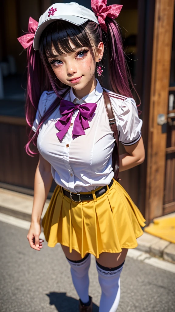 absurdres, highres, ultra detailed, smile,open mouth,standing, looking at viewer,tracen , summer uniform, serafuku, puffy short sleeves, bowtie, horseshoe ornament, sailor collar, sailor shirt, frills, white skirt, purple shirt, miniskirt, zettai ryouiki, white thighhighs, brown footwear, shoes,viblos \(umamusume\),twintails, brown hair, long hair, hat,large breasts, purple eyes, multicolored hair, ear ornament, hair ribbon,