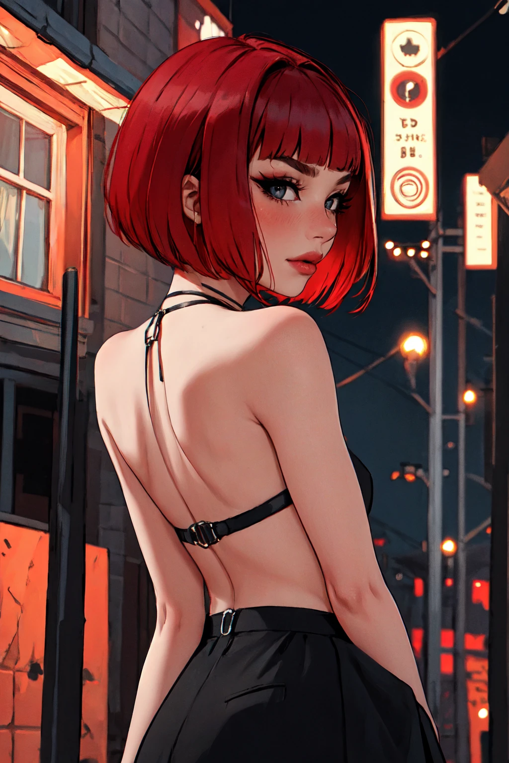 1woman, 35 years old, solo, skinny, red hair, black eyes, eyeliner, looking at viewer, lips, red bob cut, blunt bangs, blush, standing, upper body, face focus, outdoors, tec \(theme\), night, large breats, backwards, looking back