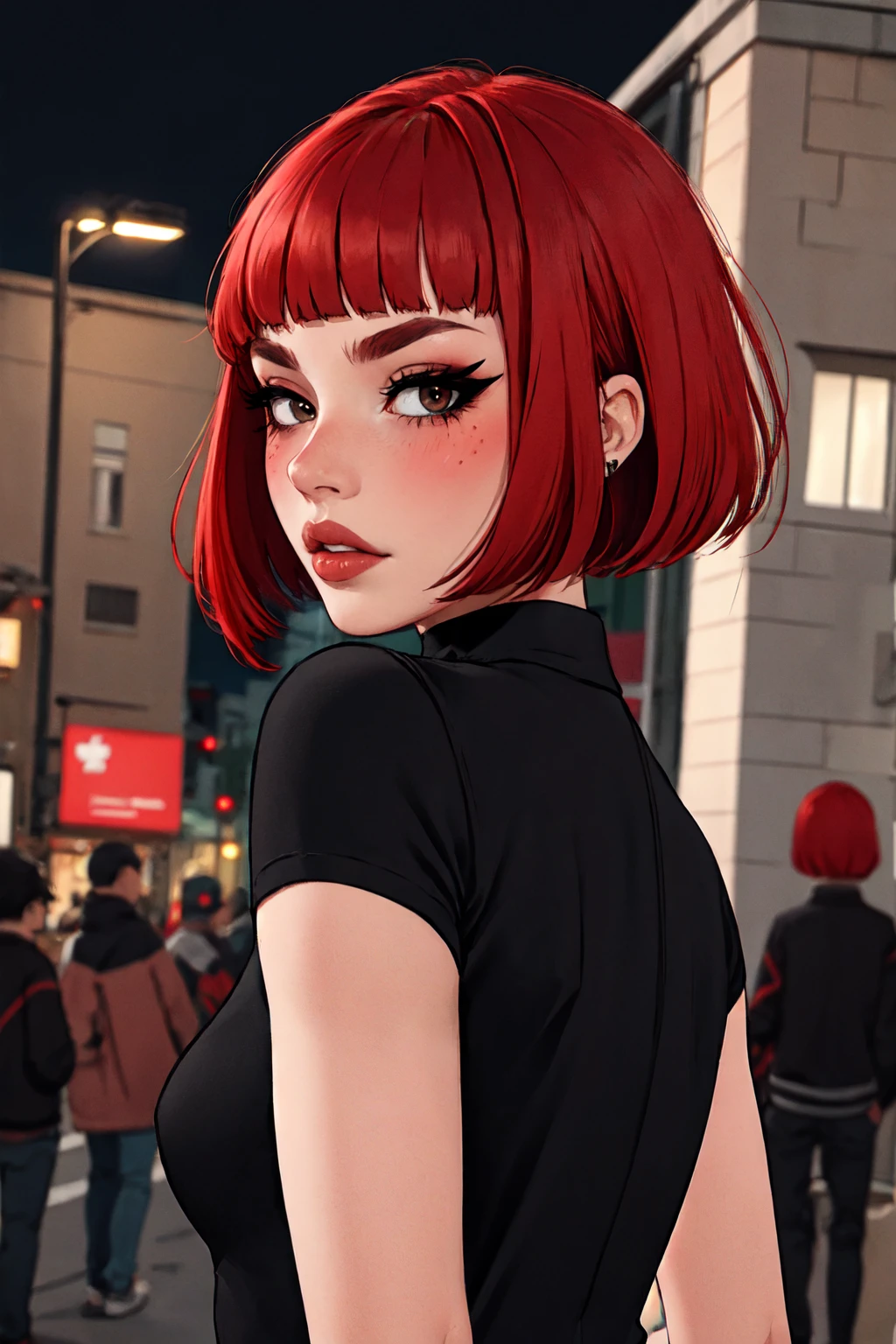 1woman, 35 years old, solo, skinny, red hair, black eyes, eyeliner, looking at viewer, lips, red bob cut, blunt bangs, blush, standing, upper body, face focus, outdoors, tec \(theme\), night, large breats, backwards, looking back