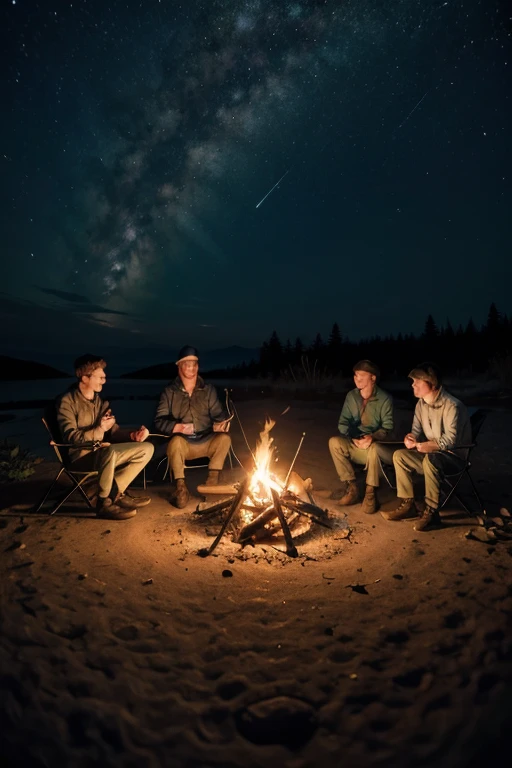 4 friends around the campfire at dark night