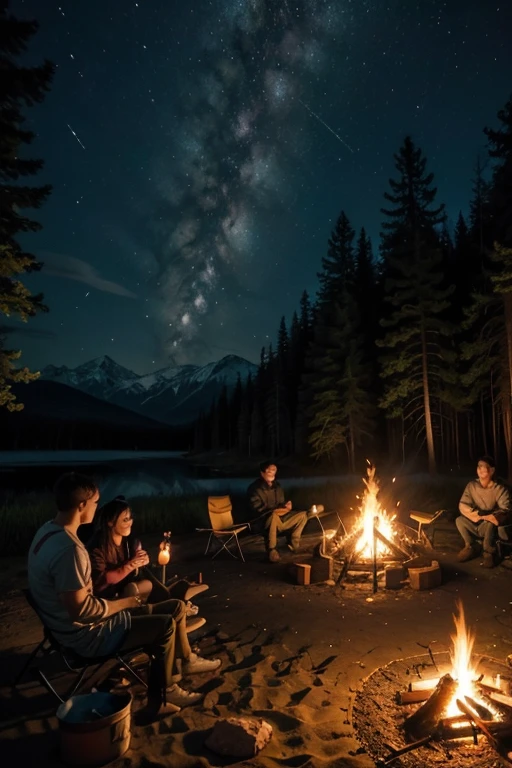 4 friends around the campfire at dark night