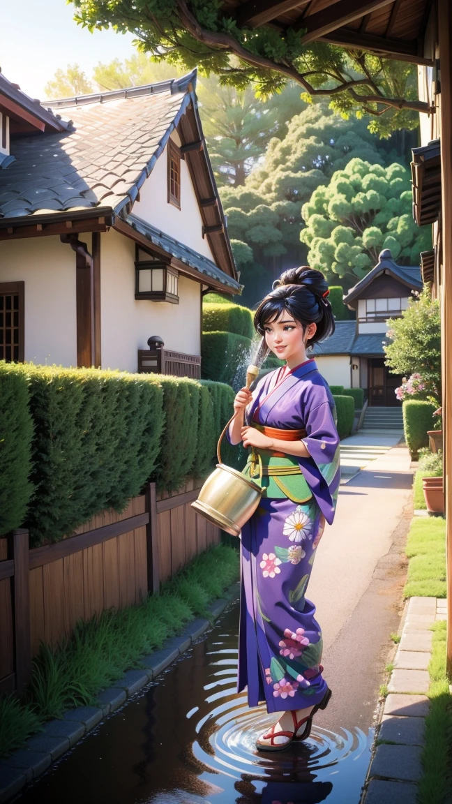 A 3D Disney-Pixar style illustration showing an eco-friendly concept of a tall adult woman wearing a traditional Japanese kimono, using a watering can to perform uchimizu (sprinkling water) on a paved road in front of her house. The scene is set on a sunny day, with bright sunlight shining down, creating a cheerful and vibrant atmosphere. The background includes the house, lush greenery, colorful flowers, and trees. 9:16 aspect ratio.