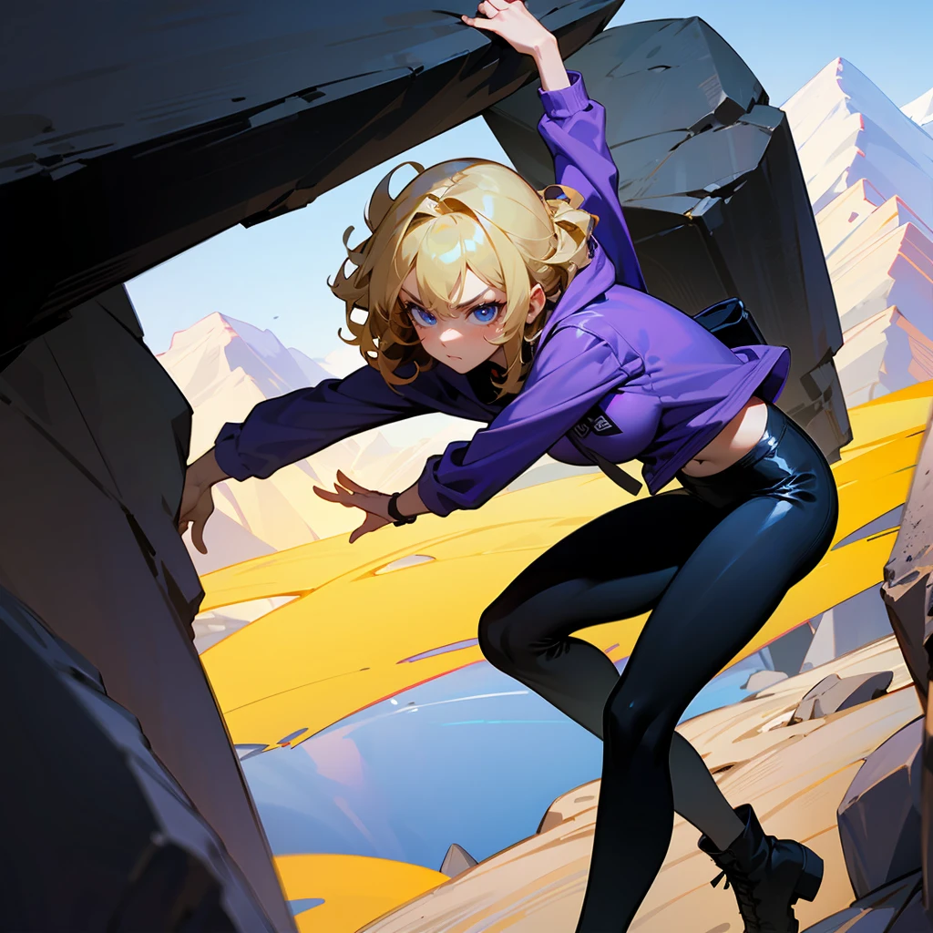 1female, Blonde Hair, Purple Hoodie, Curly Hair, Black Leggings, Combat Boots, Blue Eyes, Serious Expression, , Scout, Adult Female, Mountain, Climbing a Rock Face