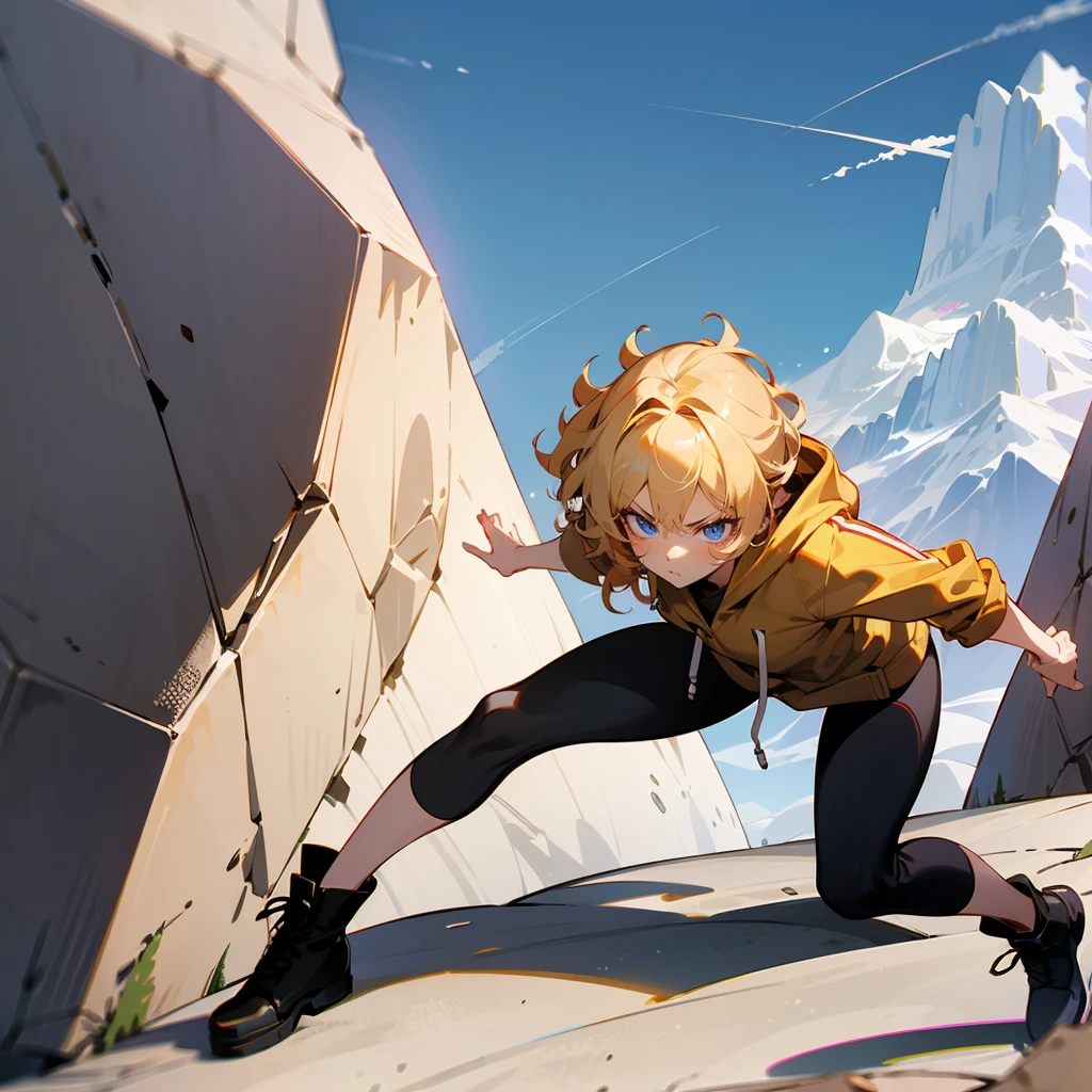 1female, Blonde Hair, Purple Hoodie, Curly Hair, Black Leggings, Combat Boots, Blue Eyes, Serious Expression, , Scout, Adult Female, Mountain, Climbing a Rock Face