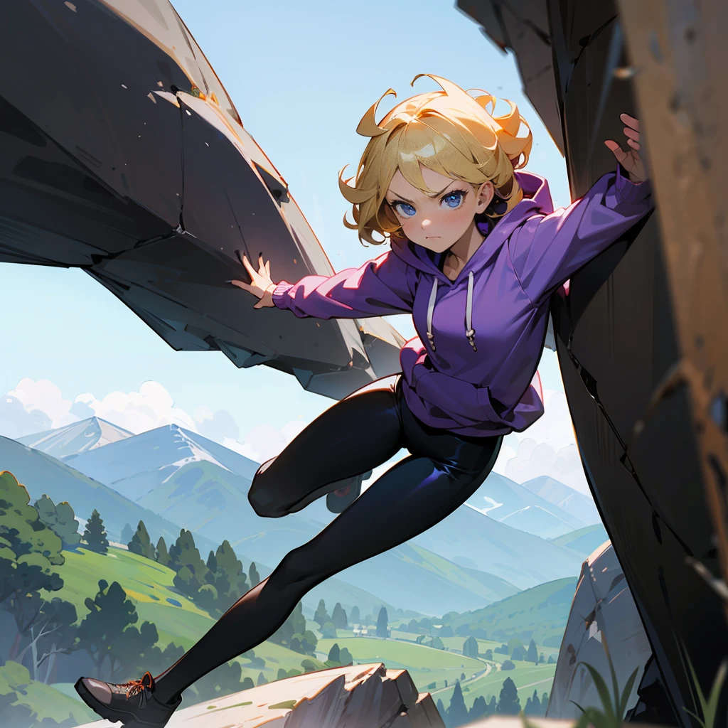 1female, Blonde Hair, Purple Hoodie, Curly Hair, Black Leggings, Combat Boots, Blue Eyes, Serious Expression, , Scout, Adult Female, Mountain, Climbing a Rock Face