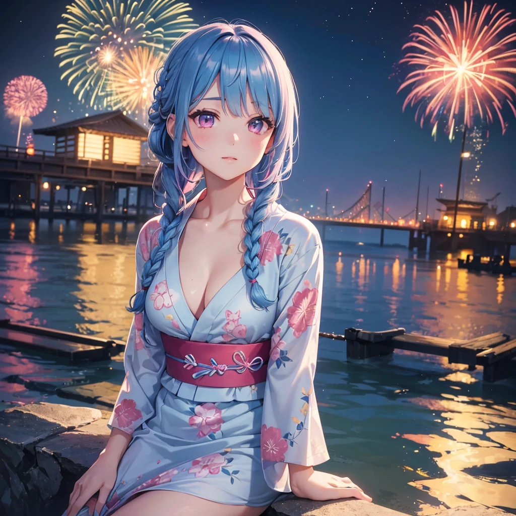(Sky Blue Medium Hair:1.2), (Braided Hair),(Pink Eyes),Fair skin ,(whole body),(1 girl)、Floral Yukata、summer night、Extra-large fireworks filling the night sky、Huge fireworks launched from the sea、Watching the fireworks while sitting next to each other、Straight bangs,(masterpiece, Highest quality, Very detailed, Best Shadow), (Detailed Background), (Beautifully detailed face), High Contrast, (Best lighting, Very delicate and beautiful), ((Cinematic Light)), colorful, Hyper Detail 8k, Dramatic Light, Intricate details,Fireworks reflected on the water surface、