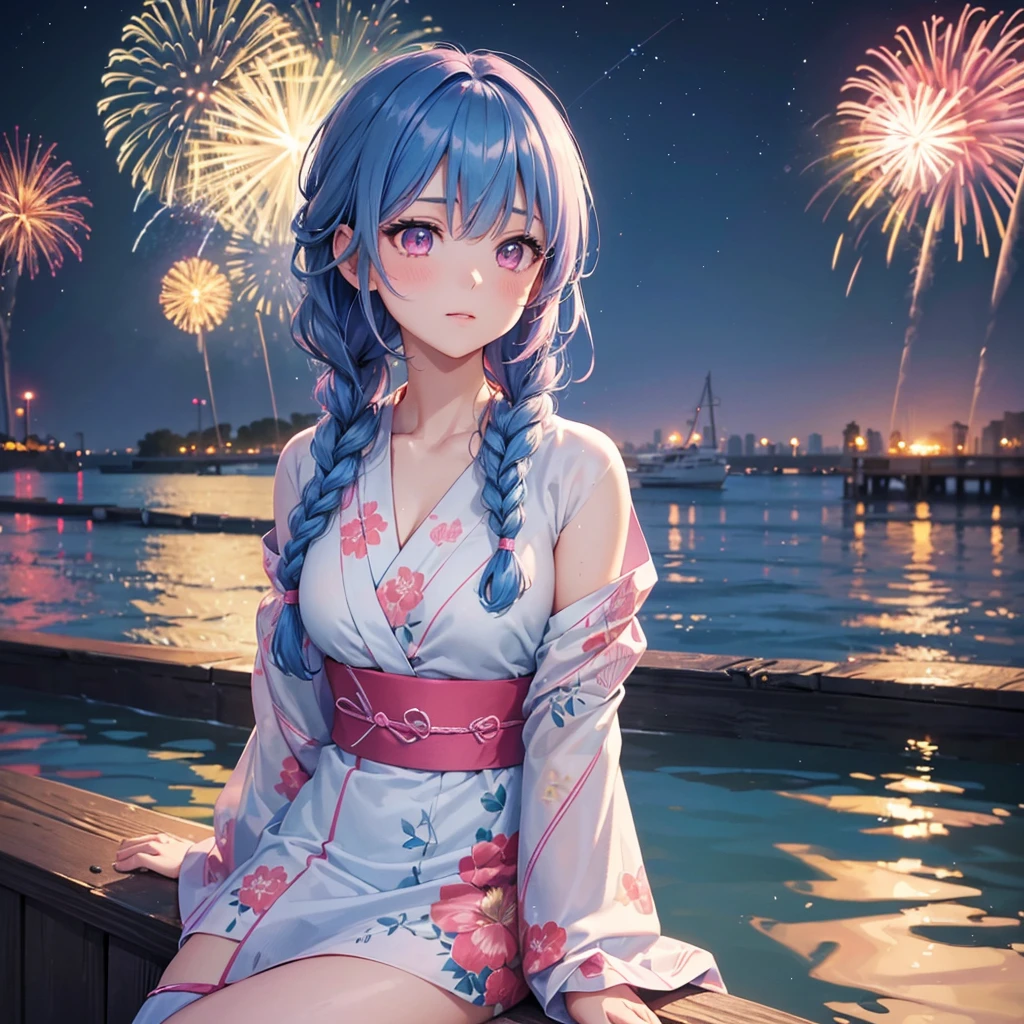 (Sky Blue Medium Hair:1.2), (Braided Hair),(Pink Eyes),Fair skin ,(whole body),(1 girl)、Floral Yukata、summer night、Extra-large fireworks filling the night sky、Huge fireworks launched from the sea、Watching the fireworks while sitting next to each other、Straight bangs,(masterpiece, Highest quality, Very detailed, Best Shadow), (Detailed Background), (Beautifully detailed face), High Contrast, (Best lighting, Very delicate and beautiful), ((Cinematic Light)), colorful, Hyper Detail 8k, Dramatic Light, Intricate details,Fireworks reflected on the water surface、