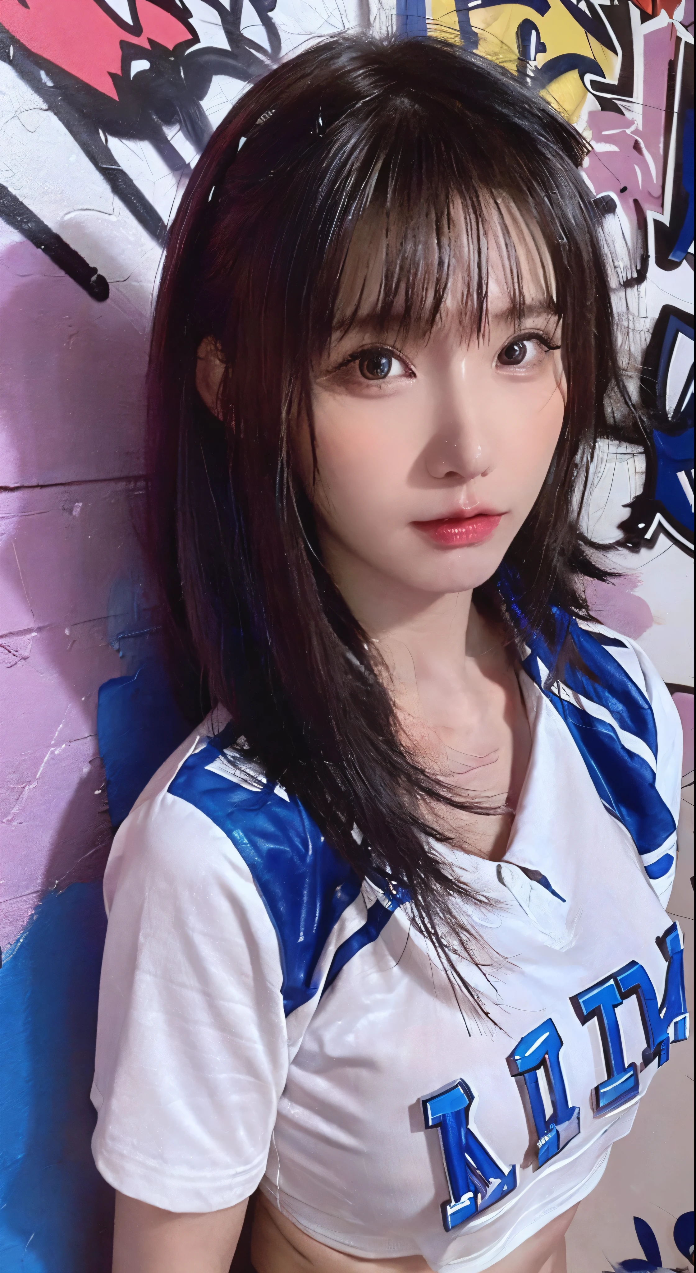 (Highest quality)、masterpiece、Highly detailed CG uniform 8K illustration、High collar、Very high saturation、All the colors become deeper、paint、Graffiti art、Center Composition、Highly detailed lights and shadows、Graffiti wall、The walls were brightly painted、One girl looking at a wall graffiti One girl、Highly detailed face and eyeedium length hair、Sportswear、Colored Clouds