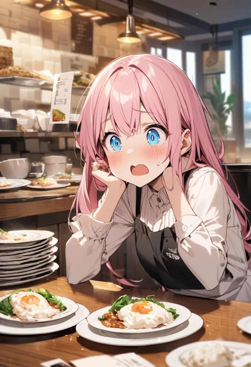 I was surprised when I saw the receipt.、restaurant、After meal、Plates piled up、Girl with pink hair、blue eyes、Twin Drill