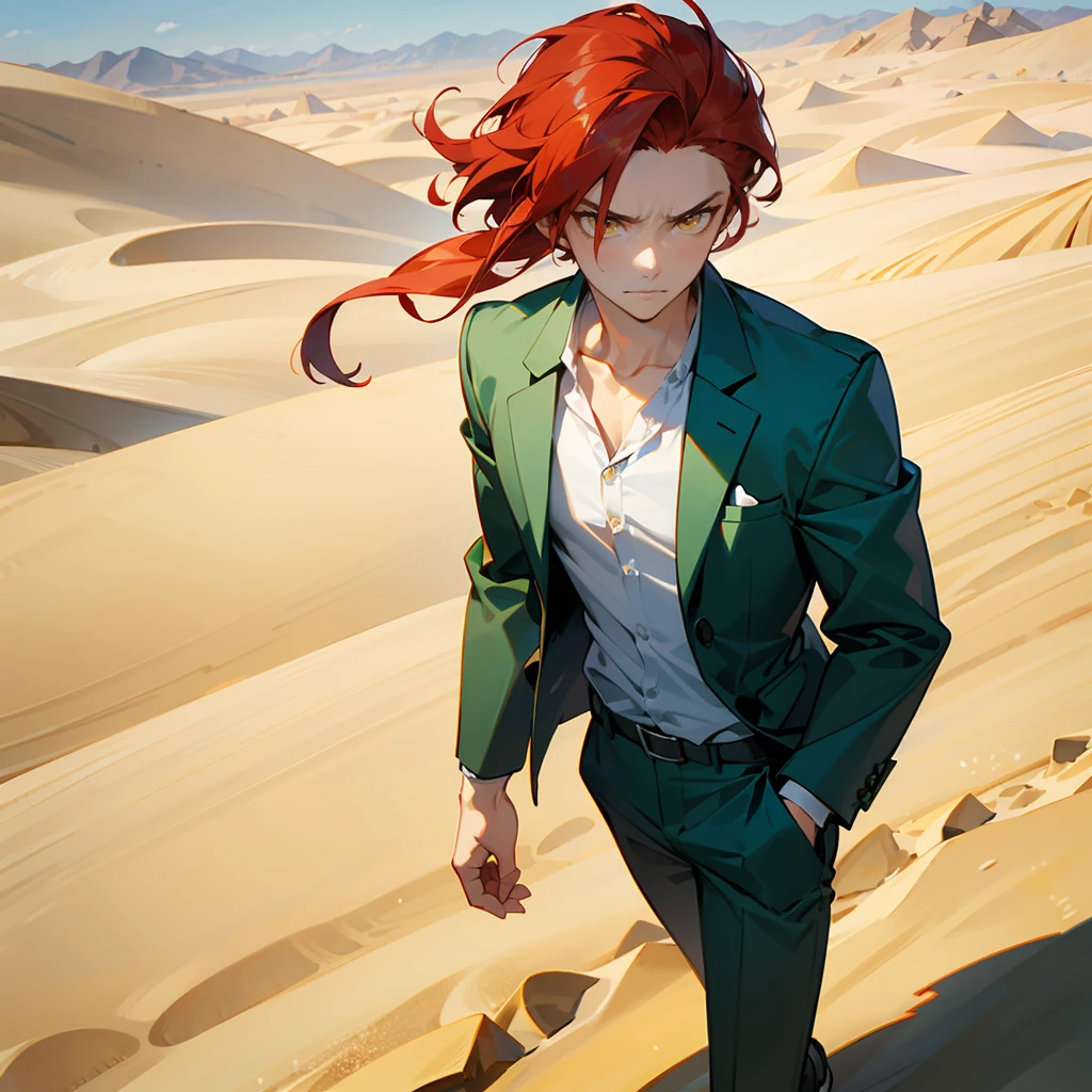 1male, Red Hair, Green Casual Suit, Straight Hair, White Shoes, Casual Attire, Yellow Eyes, Focused Expression, Average Build, Regular Ranker, Young Male, Desert, Walking on Sand Dunes
