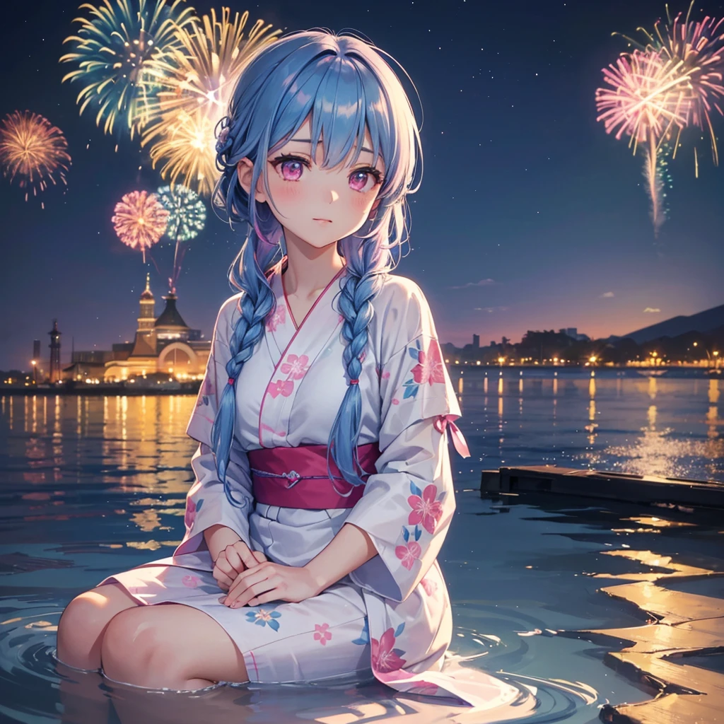 (Sky Blue Medium Hair:1.2), (Braided Hair),(Pink Eyes),Fair skin ,(whole body),(1 girl)、Floral Yukata、summer night、Extra-large fireworks filling the night sky、Huge fireworks launched from the sea、Watching the fireworks while sitting next to each other、Straight bangs,(masterpiece, Highest quality, Very detailed, Best Shadow), (Detailed Background), (Beautifully detailed face), High Contrast, (Best lighting, Very delicate and beautiful), ((Cinematic Light)), colorful, Hyper Detail 8k, Dramatic Light, Intricate details,Fireworks reflected on the water surface、