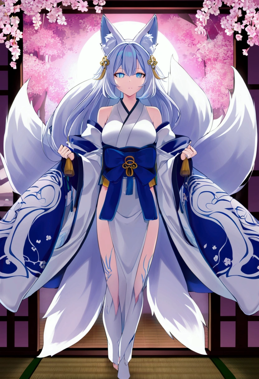 fox Light blue hair 　beast girl　indigo fur　fox beast girl　fox Light blue hair 　beast girl　indigo fur　fox beast girl　Wallpaper 4k,8k,highly detailled,,vivid colors,detailed kitsune with 9 tails,traditional Japanese artwork,tatami floor,beautiful cherry blossoms,floating lanterns,dark silhouette of a pagoda,subtle moonlight,dense forest,ethereal atmosphere,dappled sunlight,whimsical spirit,serene expression,elaborate kimono and obi,delicate hand-painted details,luminous eyes　Anime Style　fox　blue　White-faced golden-haired nine-tailed fox　Coat blue　woman　fox Light blue hair 　beast girl　indigo fur　fox beast girl　Anime Style　fox　blue　White-faced golden-haired nine-tailed fox　Coat blue　woman　She has a long blue ribbon in her hair.　mysterious background　Blue Flame　girl　have a ball of light　fox Light blue hair 　beast girl　indigo fur　fox beast girl　mysterious background　Blue Flame　girl　have a ball of light Anime Style　fox　blue　White-faced golden-haired nine-tailed fox　Coat blue　Hassaku XL (sfw&nsfw)　mysterious background　Blue Flame　girl　have a ball of light　woman She has a long blue ribbon in her hair.　She has a long blue ribbon in her hair.