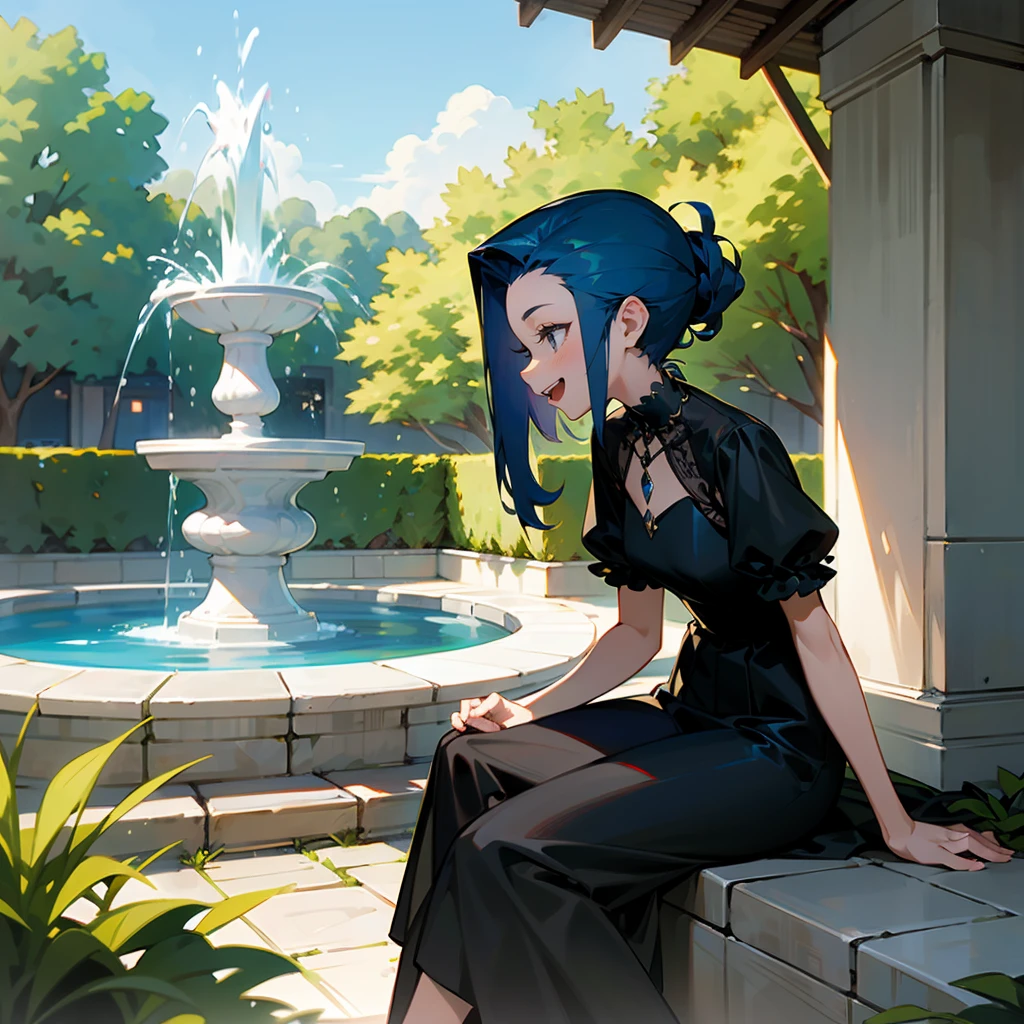 1female, Blue Hair, Black Fitted Dress, Slick Back Hair, Red Flats, Elegant Attire, Grey Eyes, Laughing, Lean, Wave Controller, Adult Female, Garden, Sitting by a Fountain