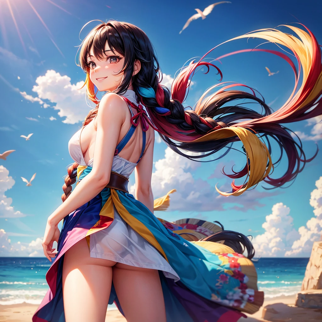 The best quality, anatomically correct, 1 girl, braid, multicolored hair, medium breasts, smile, throw, from behind, 8k octane, dress blown by the wind