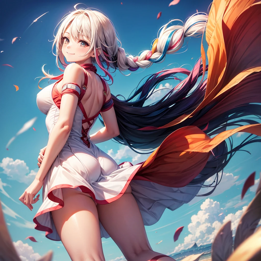 The best quality, anatomically correct, 1 girl, braid, multicolored hair, medium breasts, smile, throw, from behind, 8k octane, dress blown by the wind