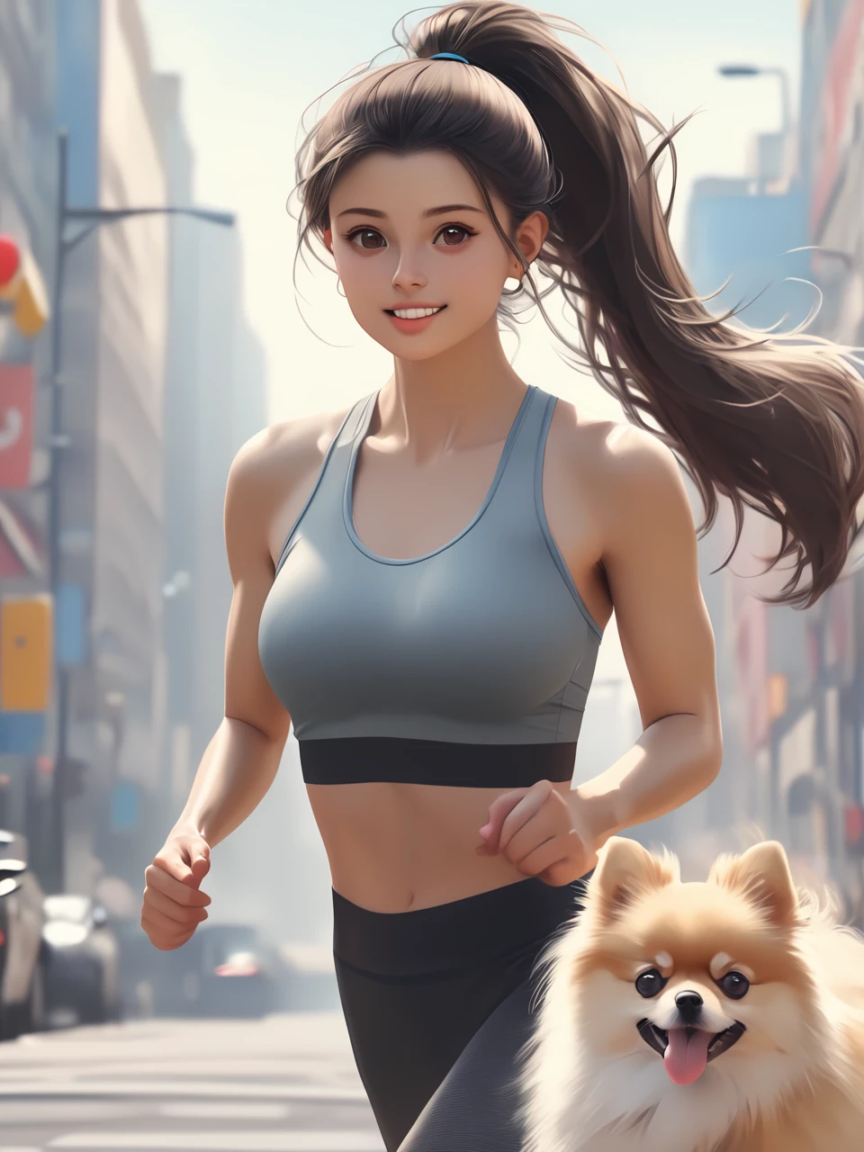 Sexy athlete in sport bra, ponytail, running with a Pomeranian on the street.  Hyperrealistic 