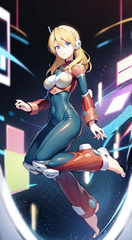 blue eyes, blonde hair, android, long hair, robot ears, (((full bodysuit))), ((barefoot)), (feet), ((fullbody)), (((toes)))