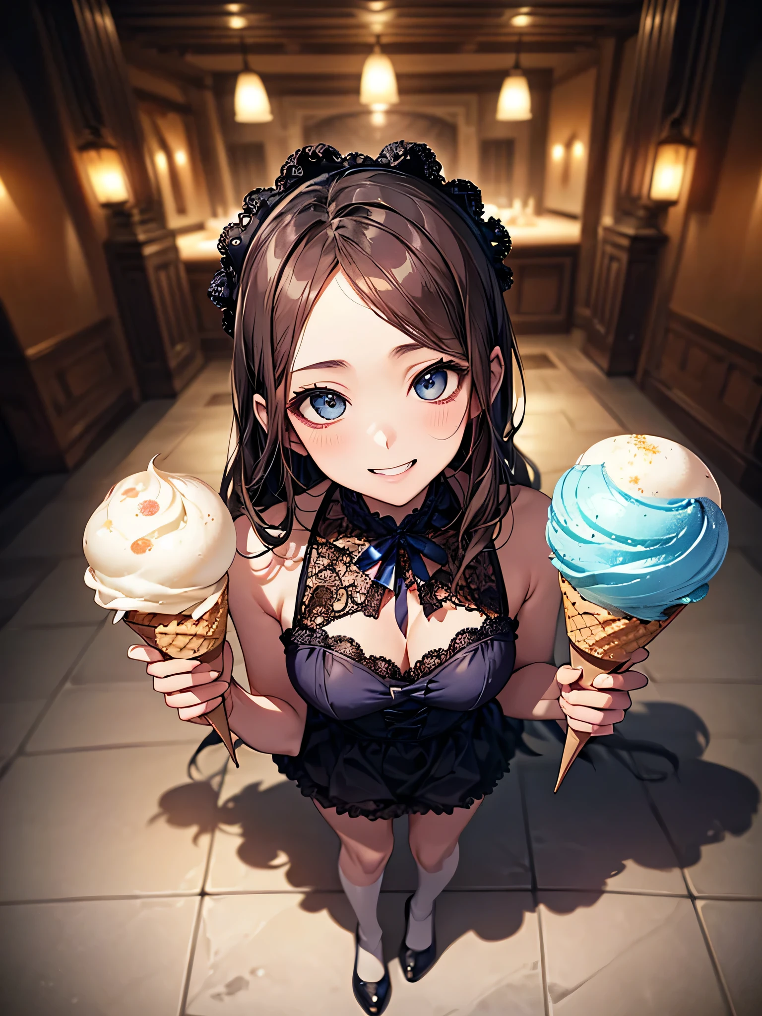 (Biologically correct limb count)、Full body, including face、4K、masterpiece、Focus on the face、Well-proportioned facial features、Delicate descriptive eyes、One beautiful woman、Excellent style、(Blue Gothic )、(Grin）、look up、Photos with white borders、Looking into the camera、Park lawn、、Eat watermelon bar ice cream