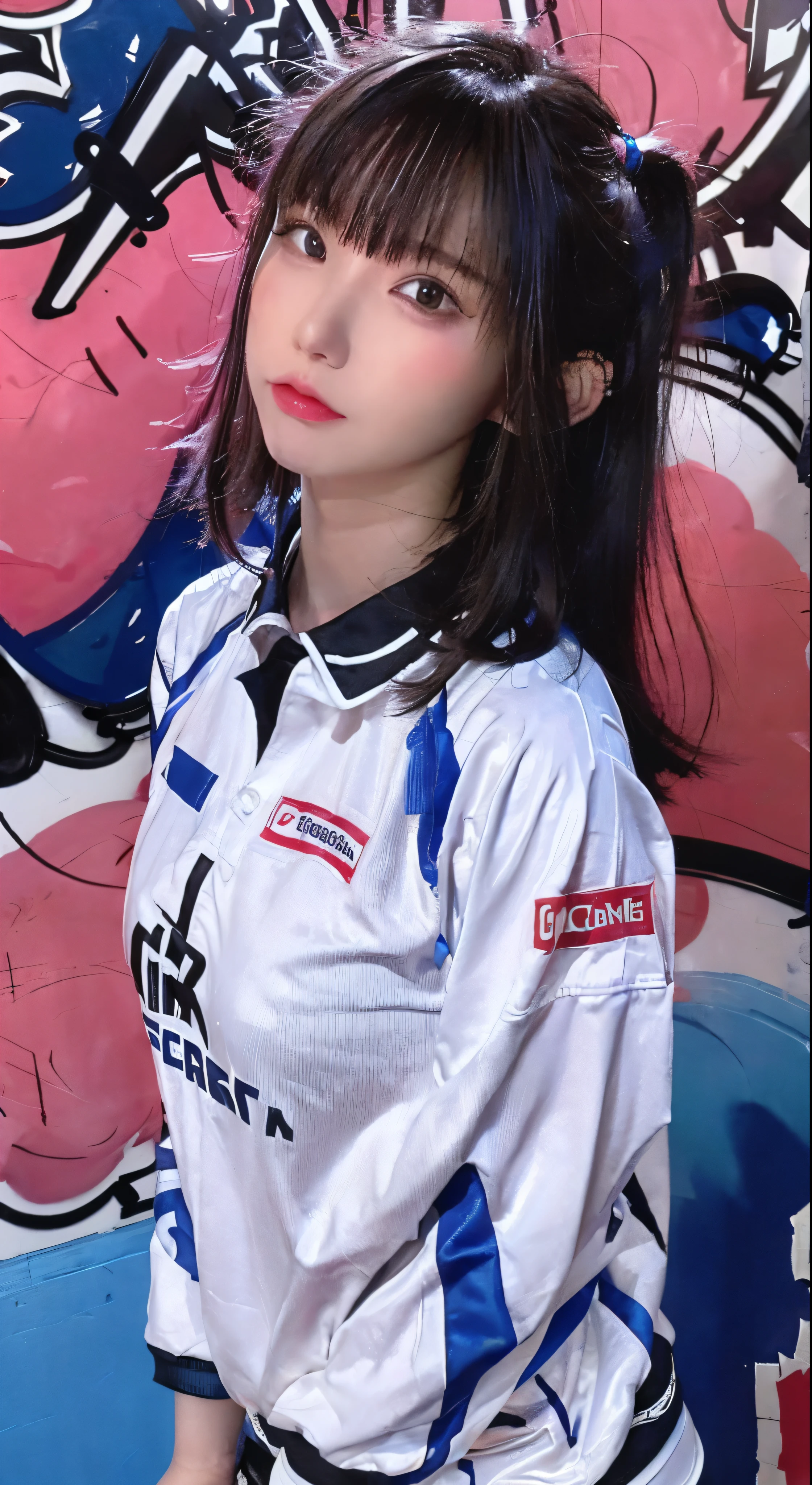(best quality), masterpiece, extremely detailed CG uniform 8K illustration, high color, extremely high color saturation, all colors deepened, paint, graffiti art, center composition, extremely detailed light and shadow, graffiti wall, wall painted bright, 1 girl graffiti 1 girl looking at the wall, extremely detailed face and eyes, medium length hair, sportswear, colored clouds