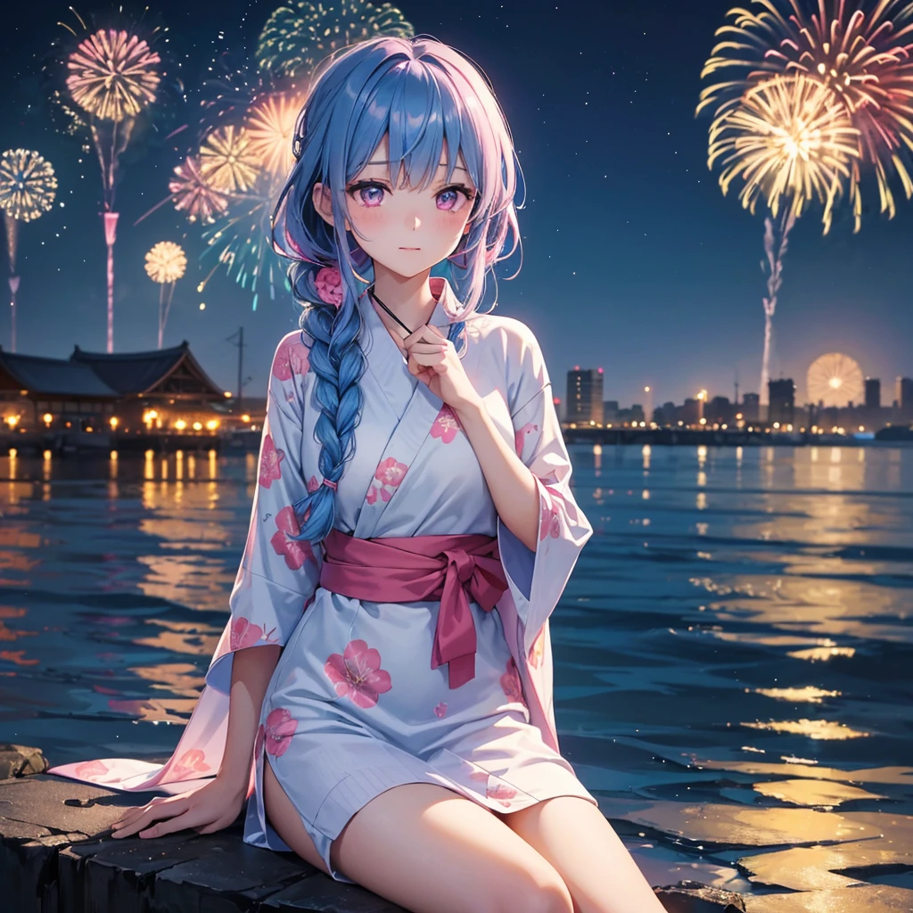 (Sky Blue Medium Hair:1.2), (Braided Hair),(Pink Eyes),Fair skin ,(whole body),(1 girl)、Floral Yukata、summer night、Extra-large fireworks filling the night sky、Huge fireworks launched from the sea、Watching the fireworks while sitting next to each other、Straight bangs,(masterpiece, Highest quality, Very detailed, Best Shadow), (Detailed Background), (Beautifully detailed face), High Contrast, (Best lighting, Very delicate and beautiful), ((Cinematic Light)), colorful, Hyper Detail 8k, Dramatic Light, Intricate details,Fireworks reflected on the water surface、