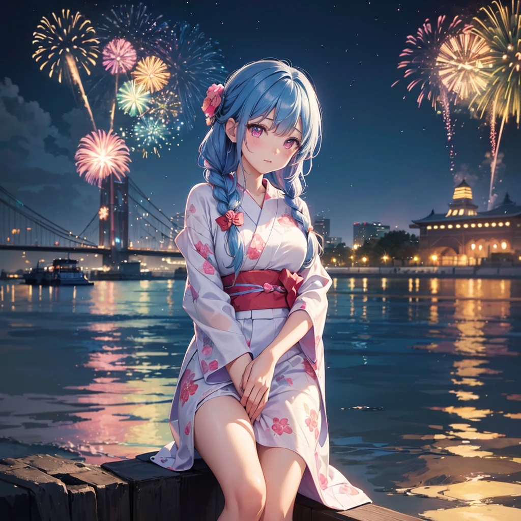 (Sky Blue Medium Hair:1.2), (Braided Hair),(Pink Eyes),Fair skin ,(whole body),(1 girl)、Floral Yukata、summer night、Extra-large fireworks filling the night sky、Huge fireworks launched from the sea、Watching the fireworks while sitting next to each other、Straight bangs,(masterpiece, Highest quality, Very detailed, Best Shadow), (Detailed Background), (Beautifully detailed face), High Contrast, (Best lighting, Very delicate and beautiful), ((Cinematic Light)), colorful, Hyper Detail 8k, Dramatic Light, Intricate details,Fireworks reflected on the water surface、