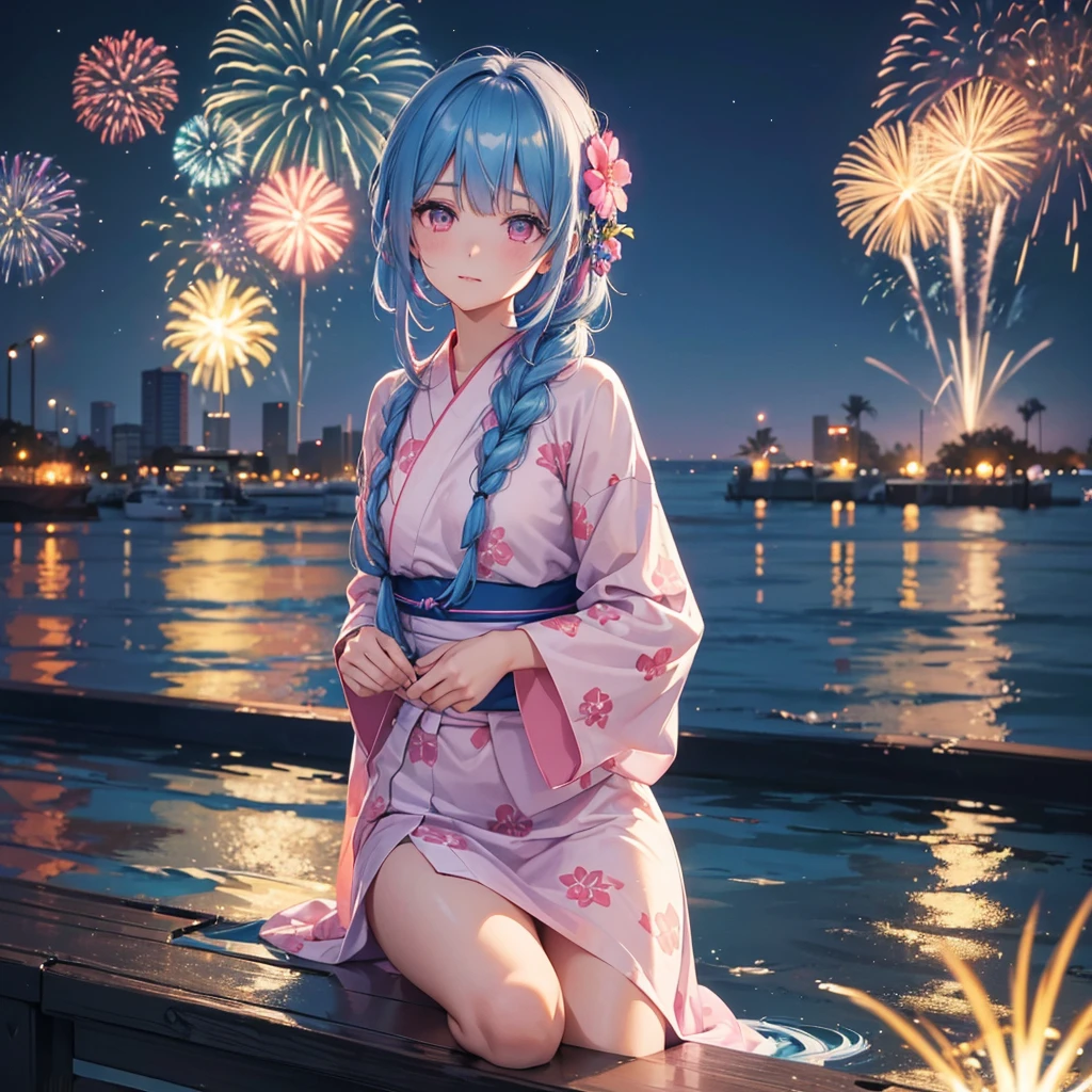 (Sky Blue Medium Hair:1.2), (Braided Hair),(Pink Eyes),Fair skin ,(whole body),(1 girl)、Floral Yukata、summer night、Extra-large fireworks filling the night sky、Huge fireworks launched from the sea、Watching the fireworks while sitting next to each other、Straight bangs,(masterpiece, Highest quality, Very detailed, Best Shadow), (Detailed Background), (Beautifully detailed face), High Contrast, (Best lighting, Very delicate and beautiful), ((Cinematic Light)), colorful, Hyper Detail 8k, Dramatic Light, Intricate details,Fireworks reflected on the water surface、