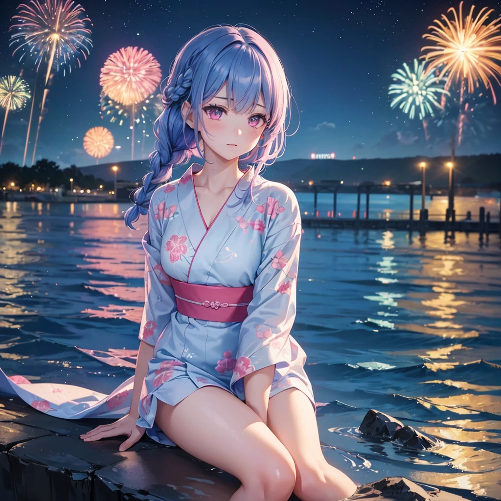 (Sky Blue Medium Hair:1.2), (Braided Hair),(Pink Eyes),Fair skin ,(whole body),(1 girl)、Floral Yukata、summer night、Extra-large fireworks filling the night sky、Huge fireworks launched from the sea、Watching the fireworks while sitting next to each other、Straight bangs,(masterpiece, Highest quality, Very detailed, Best Shadow), (Detailed Background), (Beautifully detailed face), High Contrast, (Best lighting, Very delicate and beautiful), ((Cinematic Light)), colorful, Hyper Detail 8k, Dramatic Light, Intricate details,Fireworks reflected on the water surface、