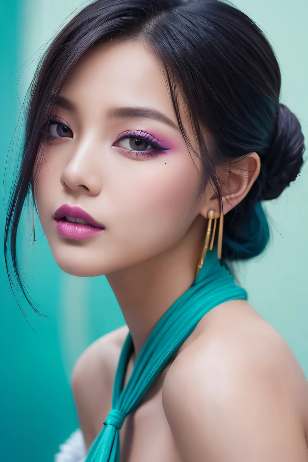 high quality, real、High resolution, Realistic、8k、masterpiece, detailed.impressive, Cutting-edge female photography portraits,Showcasing a bold and daring street-art style.Looking at the camera、A refreshing look、Facing forward、cyan, and purple, Her vibrant makeup really catches the eye.. Her colorful hair is tied up high, 