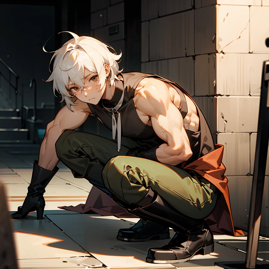 1male, White Hair, Shaggy Hair, Black Boots, Sci-Brown Eyes, Calm Expression, Muscular, Irregular, Young Male