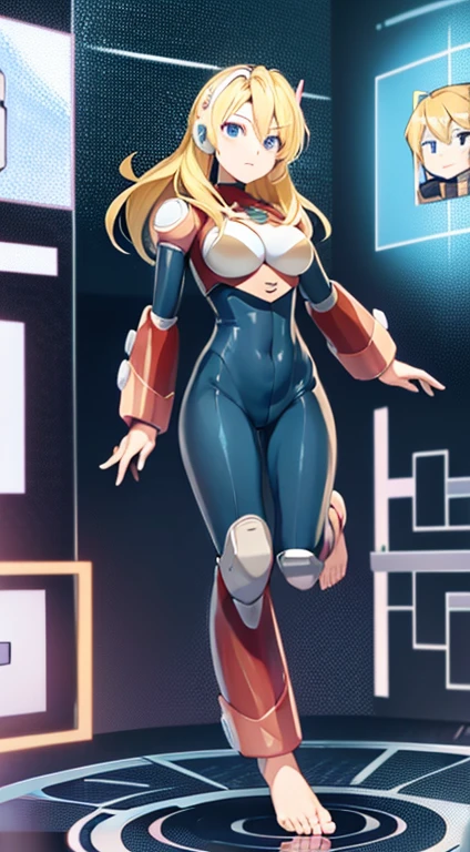 blue eyes, blonde hair, android, long hair, robot ears, (((full bodysuit))), ((barefoot)), (feet), ((fullbody)), (((toes)))