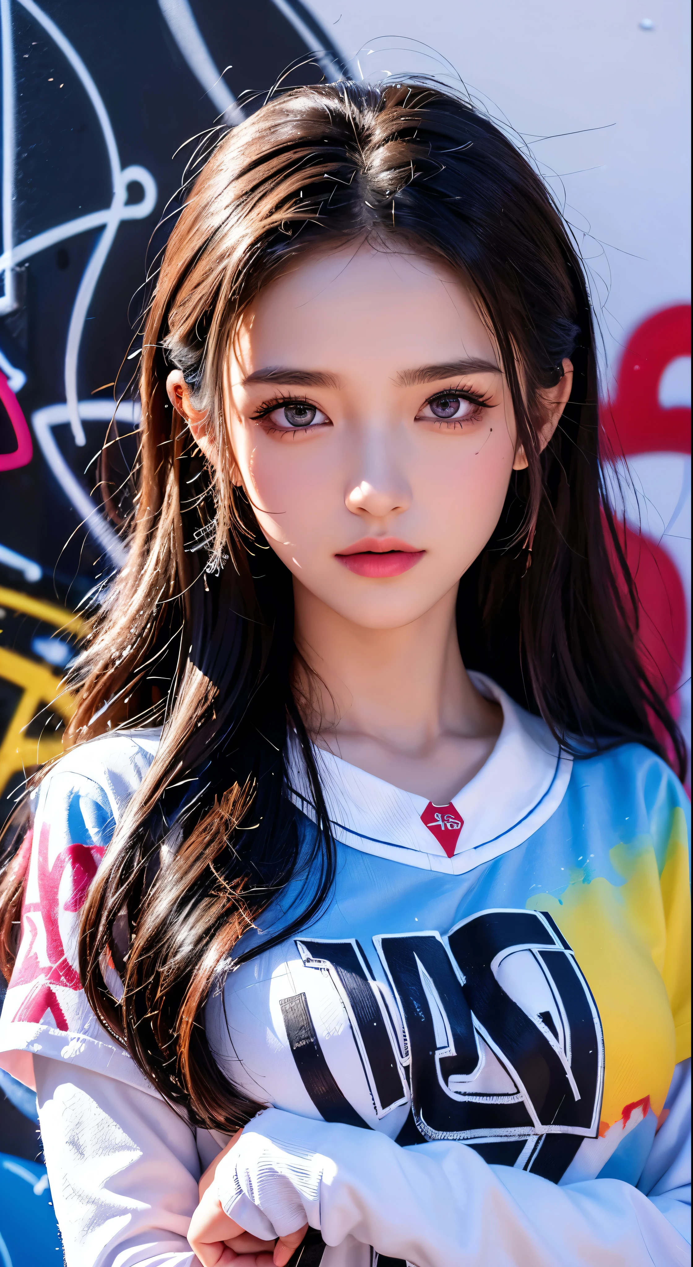 (best quality), masterpiece, extremely detailed CG uniform 8K illustration, high color, extremely high color saturation, all colors deepened, paint, graffiti art, center composition, extremely detailed light and shadow, graffiti wall, wall painted bright, 1 girl graffiti 1 girl looking at the wall, extremely detailed face and eyes, medium length hair, sportswear, colored clouds