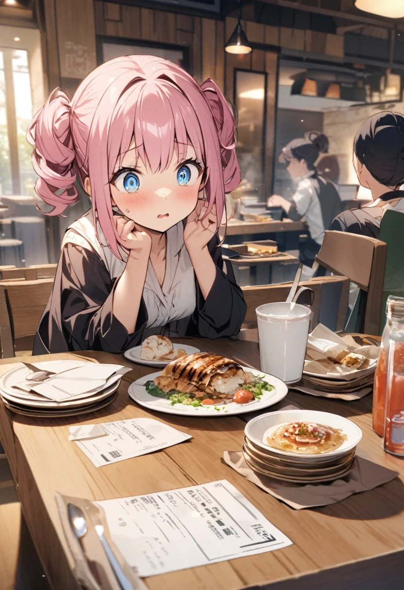 I was surprised when I saw the receipt.、restaurant、After meal、Plates piled up、Girl with pink hair、blue eyes、Twin Drill