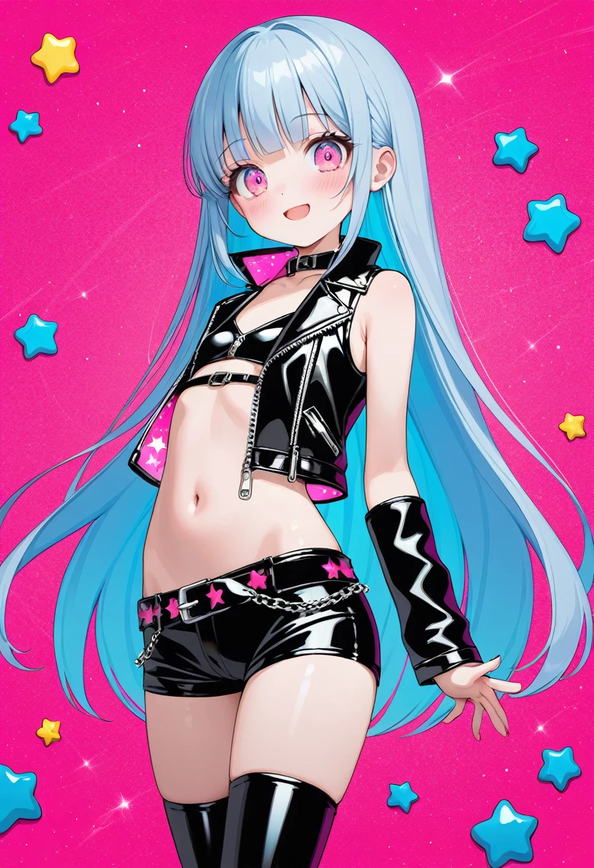 masterpiece, best quality, extremely detailed, (illustration, official art:1.1), 1 girl ,(((( light blue long hair)))), ,(((( light blue long hair)))),light blue hair, , long hair ((blush)) , cute face, big eyes, masterpiece, best quality,(((((a very delicate and beautiful girl))))),Amazing,beautiful detailed eyes,blunt bangs((((little delicate girl)))),(((tareme))),droopy eyes.(true beautiful:1.2), sense of depth,dynamic angle,,,, affectionate smile, (true beautiful:1.2),,(tiny 1girl model:1.2),)(flat chest),Twizzly Gummy Cookie is a Cookie of relatively average height and slim build with dusty rose-colored dough. her left eye is completely covered by a black eyepatch with an array of saturated pink stars on it. She has a long, She wears a tattered, sleeveless, cropped biker jacket with a tall collar, pink interior lining, and pale grey zipping. She also wears plain black short shorts held up by a frayed black belt with a clasp of the same color. Rather noticeably, she wears thigh-high black boots that appear lacquered. GLITTER, JELLY
