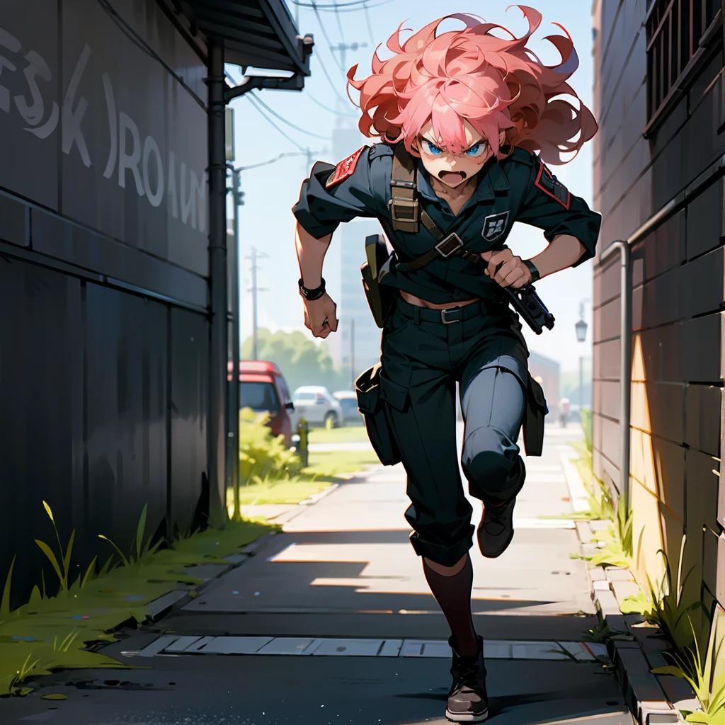 1male, Pink Hair, Red Tactical Gear, Curly Hair, Black Cargo Pants, Combat Boots, Blue Eyes, Angry Expression, Lean, Scout, Adult Male, City, Running through an Alley